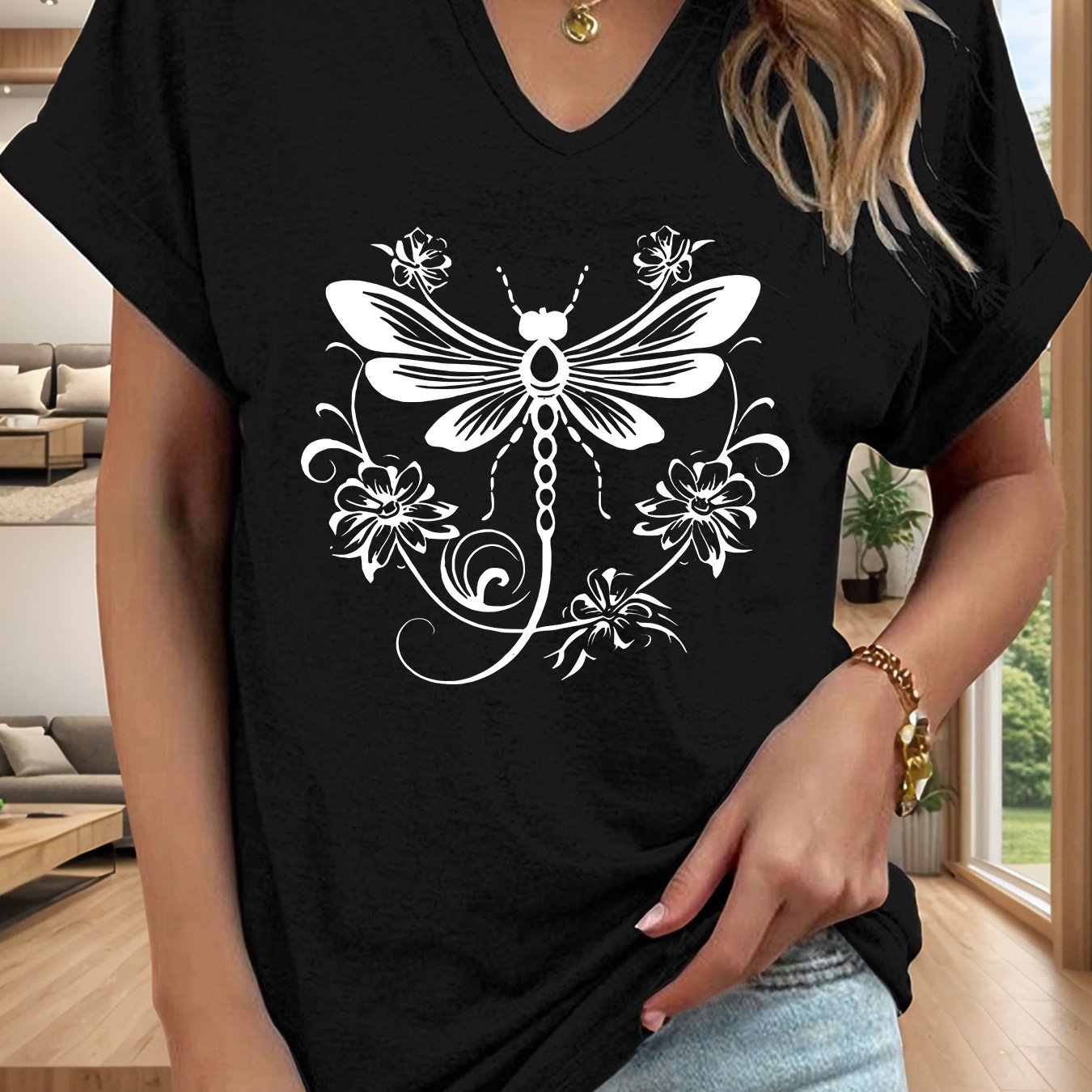 TEMU Women's Casual, Versatile Retro Dragonfly Pattern Printed T-shirt, Casual V-neck Notched Roll-up Sleeve Top, Summer And Spring Women's Clothing
