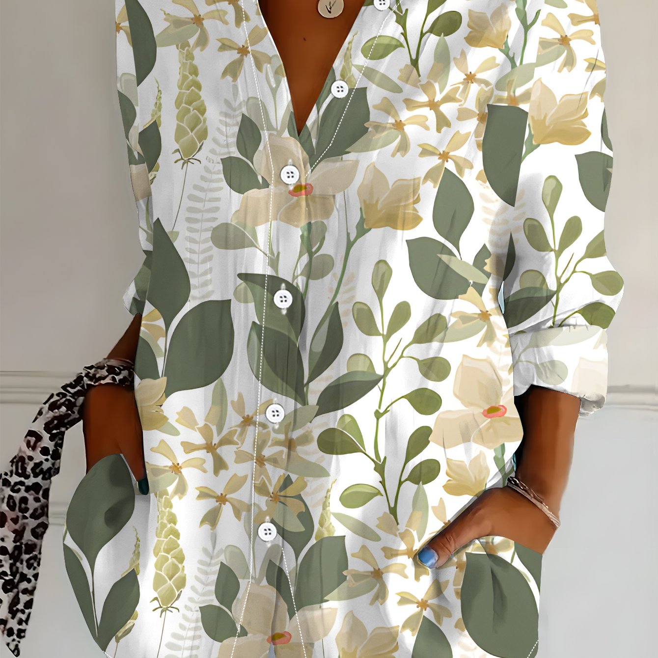 TEMU Plus Size, Plus Size Women's Long Sleeve Shirt, Print Blouse With Green Elements, Midi-length Women's Shirt, Beige- Casual Blouse, Soft And