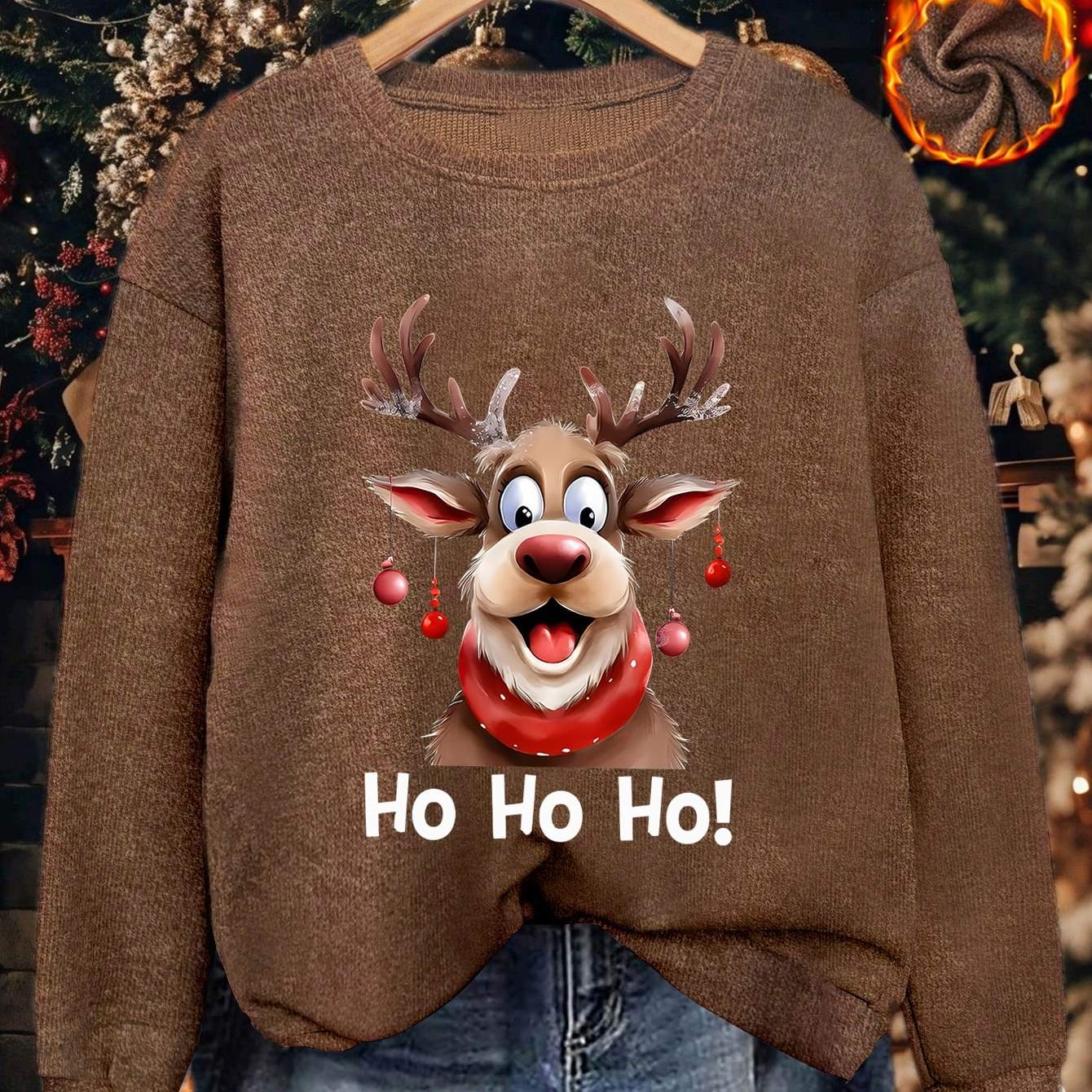 TEMU Autumn/winter Christmas Women's Crewneck Fabric Sweatshirt With Fun Cartoon Reindeer Print, Festive Atmosphere, Red Scarf Decoration, Fawn