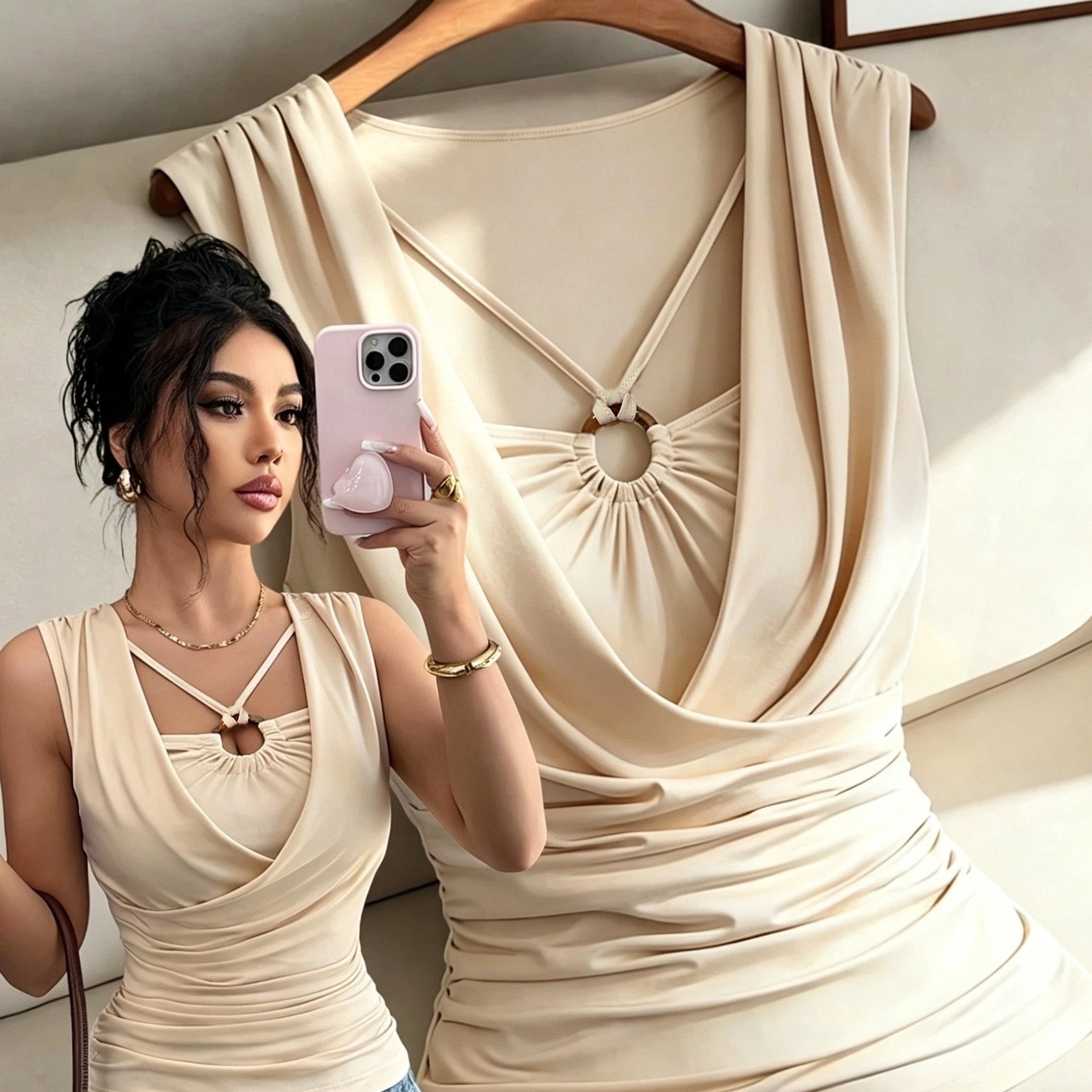 TEMU Women's /summer Style Ruched Neckline Sleeveless Pleated Blouse, Elegant Vacation Casual Backless Apricot Color Camisole Tank Top