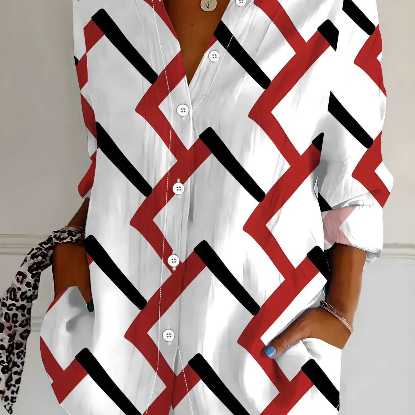 TEMU Plus Size, Plus Size Women's Long Sleeve Shirt, Geometric Print Shirt With Elements, Midi-length Women's Shirt, Red, White, And Casual Shirt,