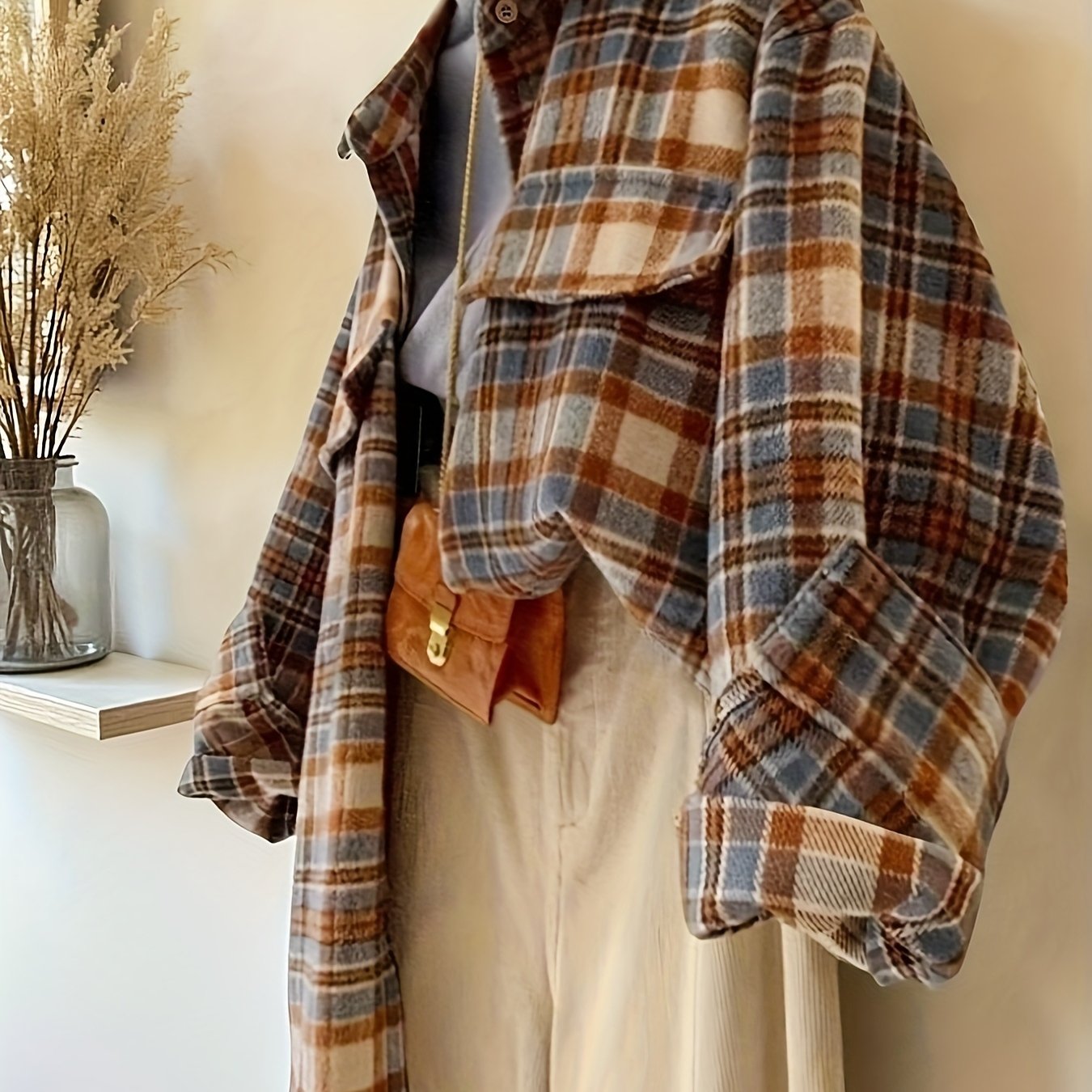 E-shop Damen Herbst Winter Langarm Karo Einreihiges Casual Lockeres Hemd, Damen Oberteil