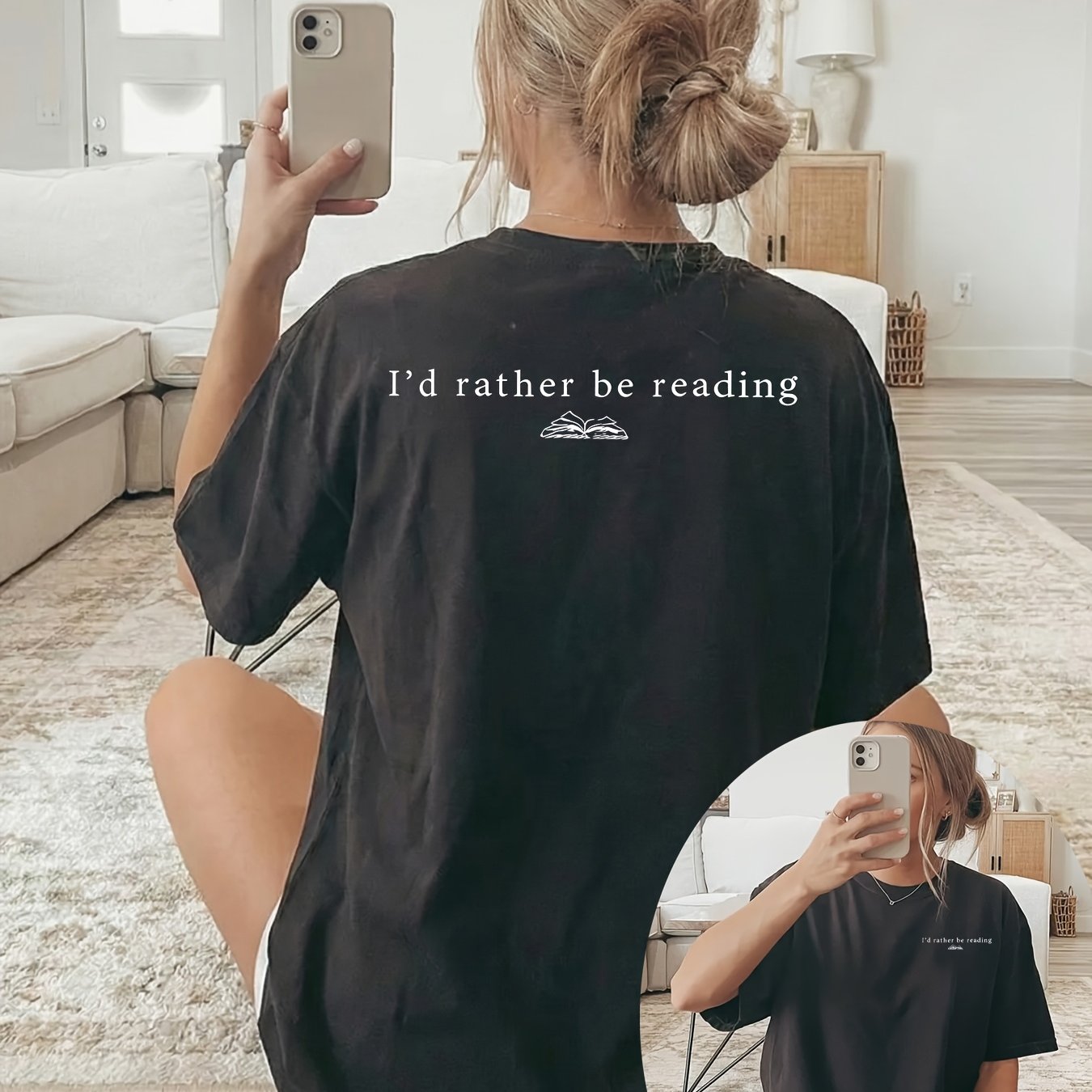 TEMU This Women's T-shirt Features A Double-sided Print, With Short Sleeves And A Round Neck. It Has "i'd Rather Be Reading" Along With A Book