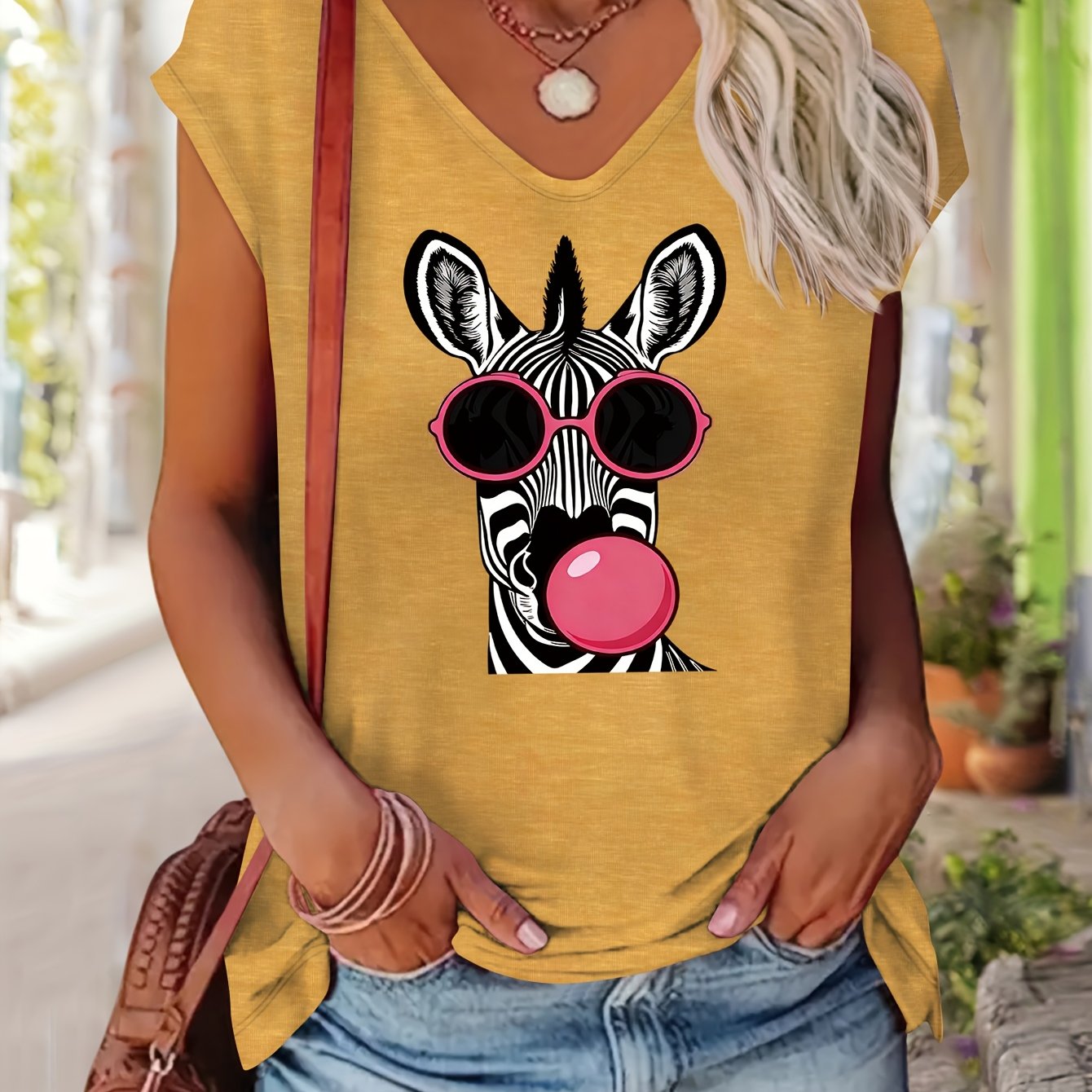 TEMU Conjunto básico de /verano para mujer, estilo , moderno y retro, con estampado de zebra y , corte casual, y de ocio, camiseta de manga corta con