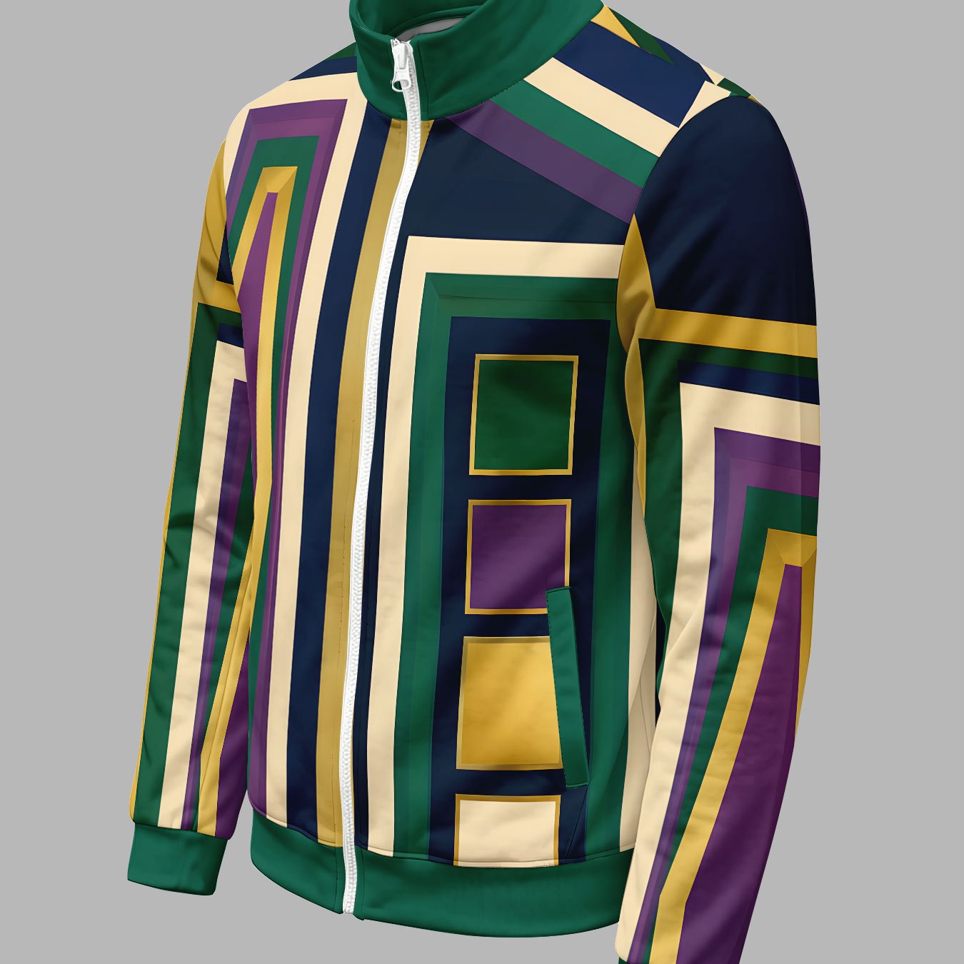 TEMU Men's Novelty Autumn/winter Long-sleeve Zipper Sports Jacket, Geometric Rectangle Pattern Print, Collar Zipper Daily Versatile Casual Top,