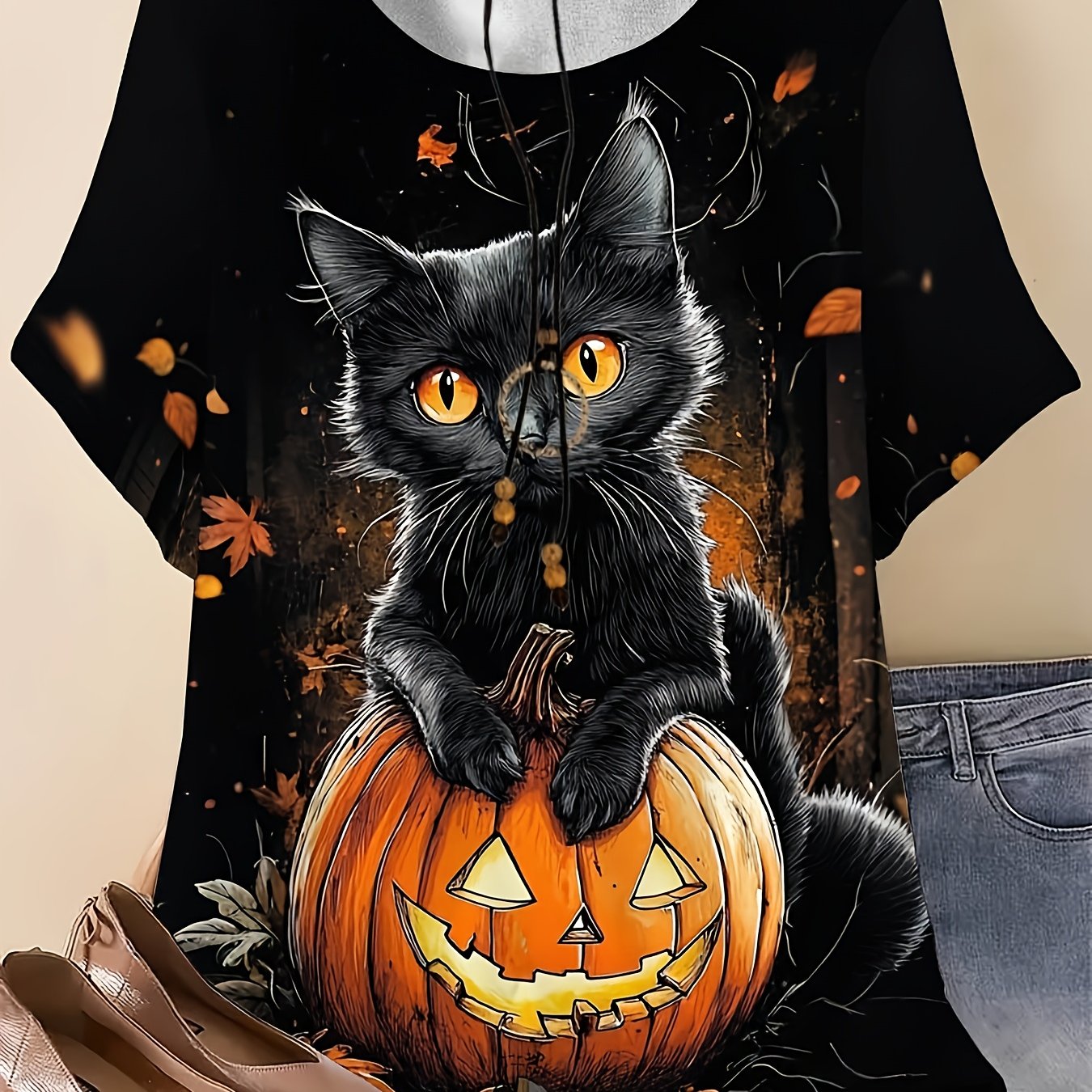 TEMU Plus Size, Large Size Women's Halloween With Printed Design, Crew Neck Short Sleeve Casual Top, Suitable For Parties, Daily Wear, And Gifting,