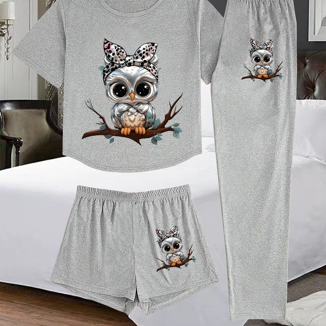 TEMU 3pcs Women's Pajama Set - Cute Owl Print Sleepwear With Owl & Bone Pattern Pajamas, Grey Short Sleeve Nightgown & Elastic Waist Pants,
