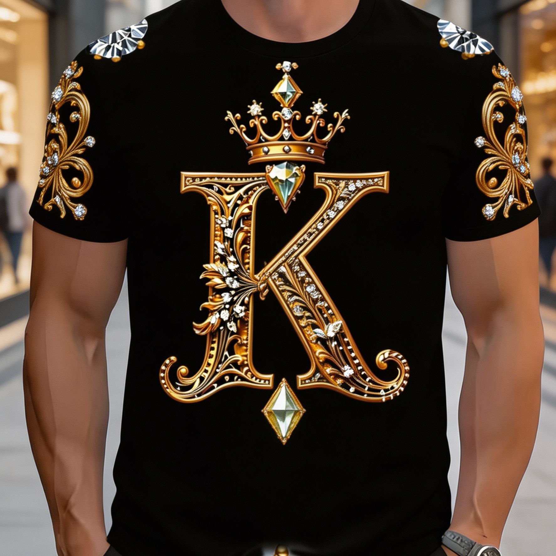 TEMU [printed Design â Not Textured] Minimalist Gold- Crown K Letter Plus Size Men's Short Sleeve T-shirt, Plus Size Loose Fit Round Neck Casual