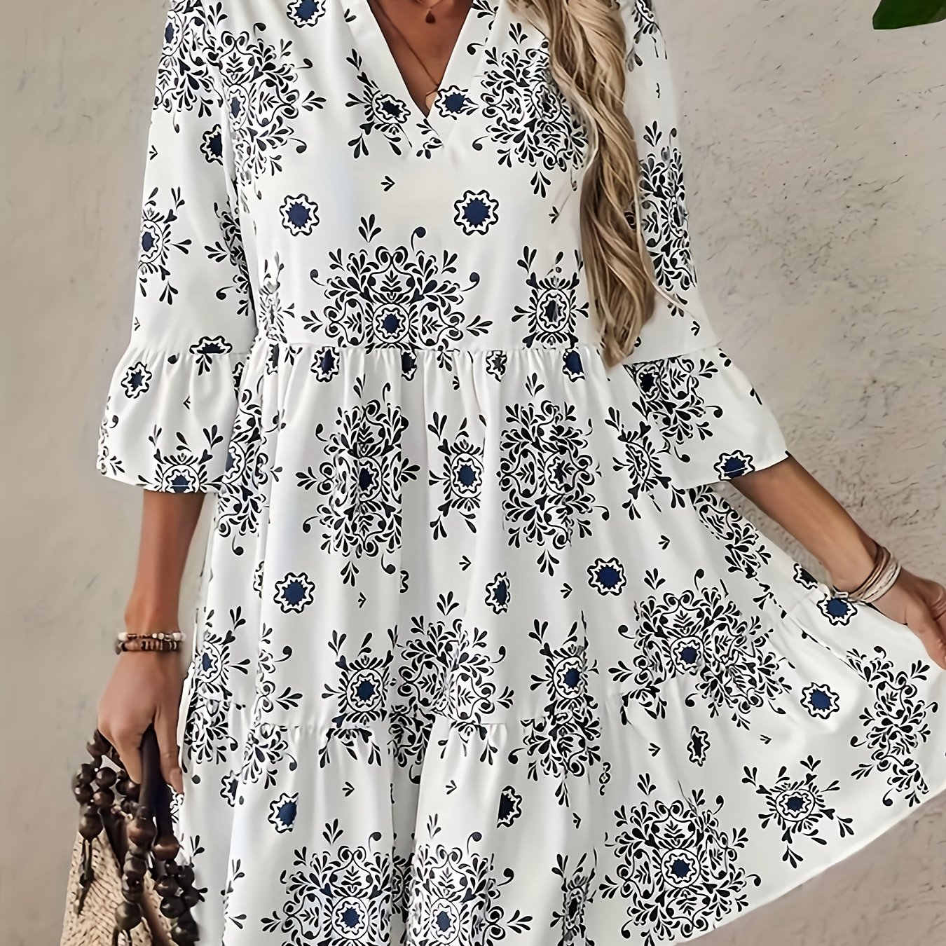 Image of Elegant Floral V-neck Long Sleeve Midi Dress With Tie Waist – Blue White Floral Print Sleeve, For Spring Summer Fall, Smooth Silhouette Dress|flowy Silhouette Dress