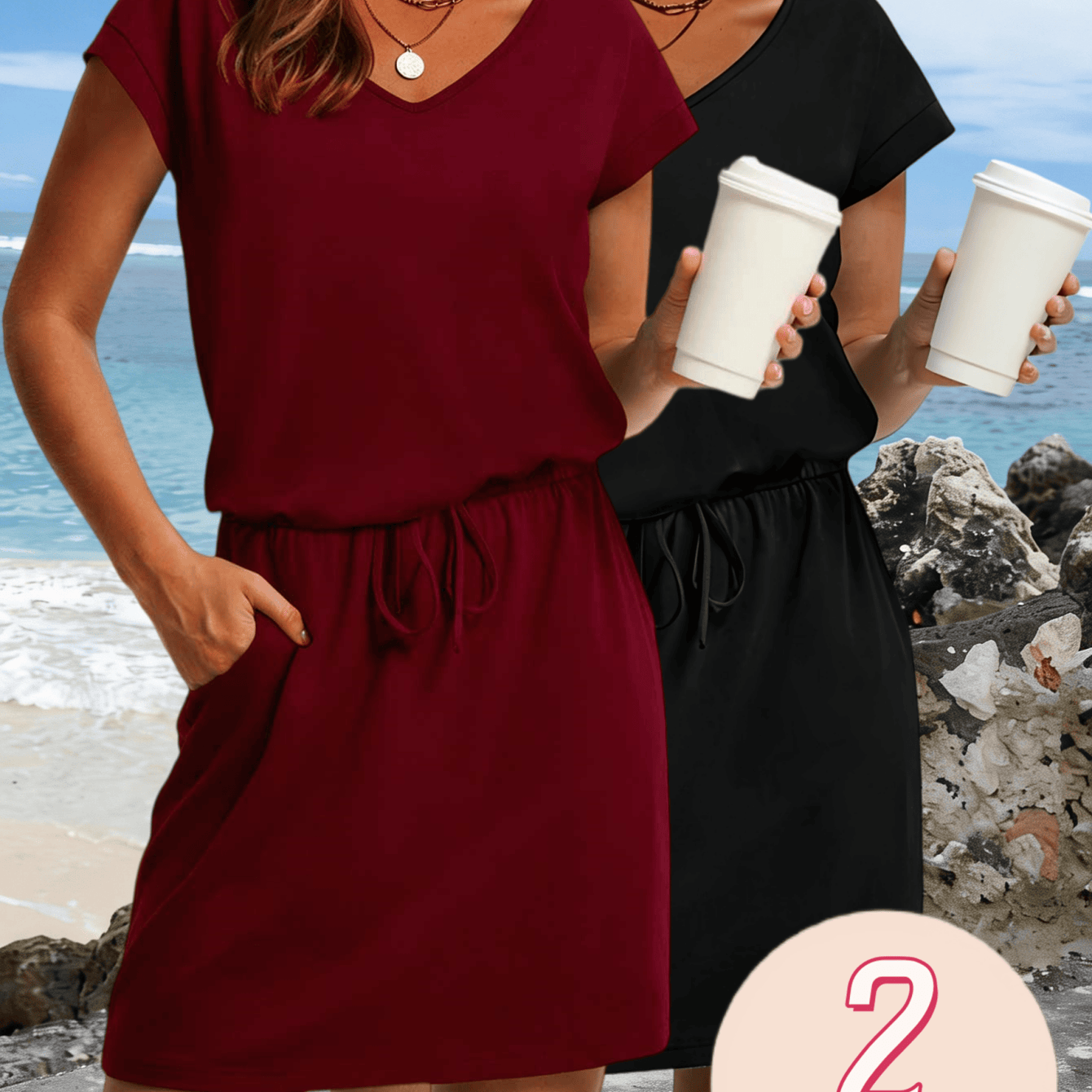 2pcs Women's V-neck Short Sleeve Casual Dresses - Drawstring Waist With Pockets Summer T-shirt Dress Set