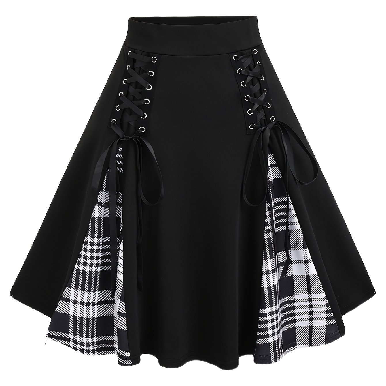 E-shop Gothic Karo-Farbblock-Design, Kreuzschlitz-Schnürung High-Waist A-Line Minirock