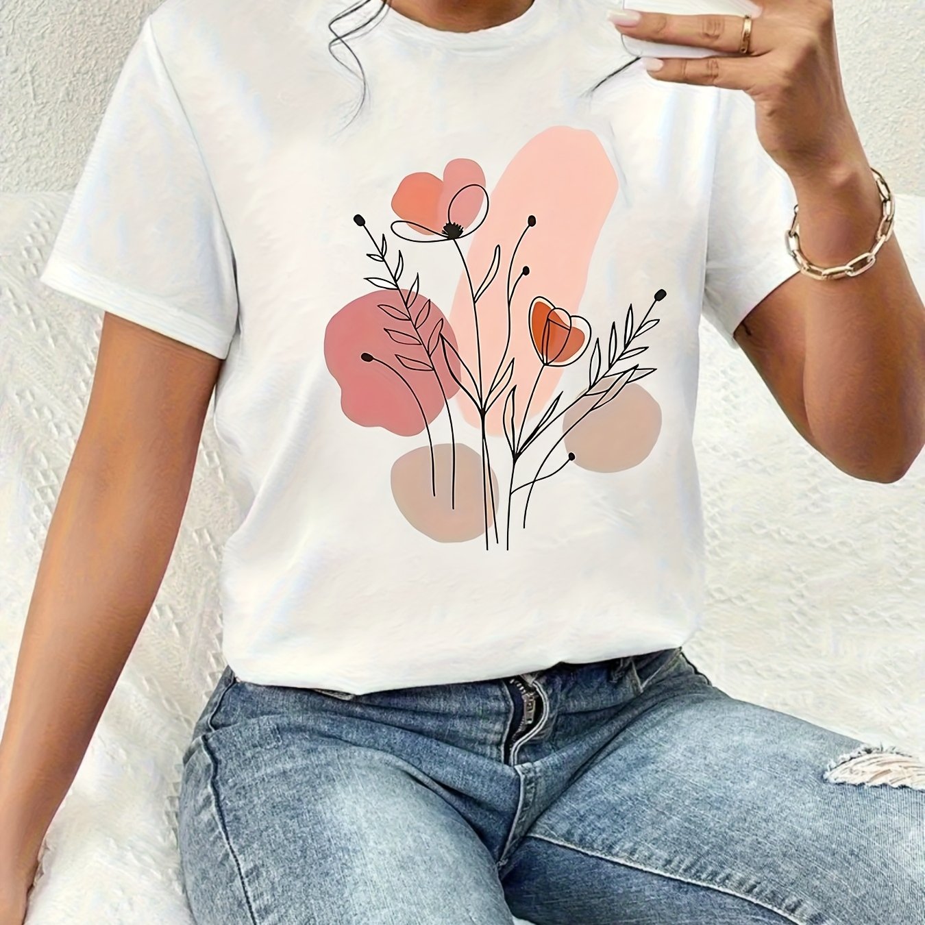 TEMU Minimalistisches Damen-T-Shirt mit Blumenlinienkunst - Weiches Pastellrosa & Oranges Design, Atmungsaktives Freizeitoberteil für Frühling &