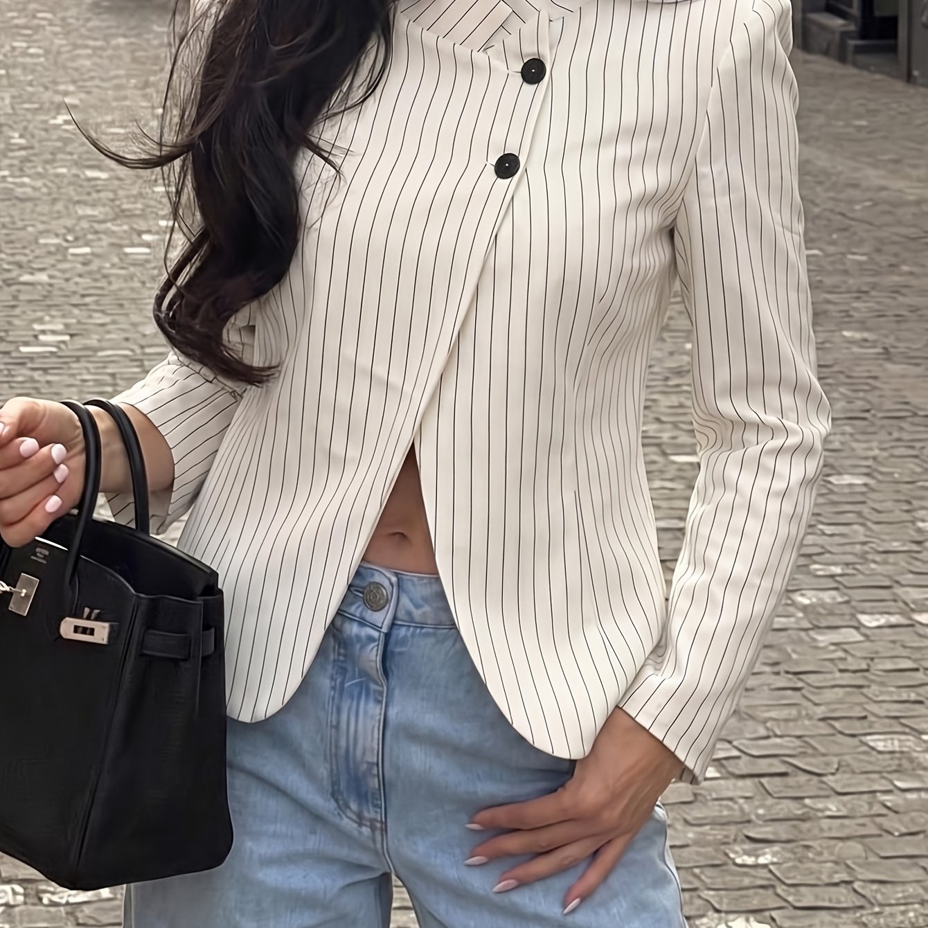 TEMU Women's Early Autumn Stand Collar Slant Closure Striped Short Suit Waist-cinching Slim Asymmetrical Lapel All-match Commuter Blazer