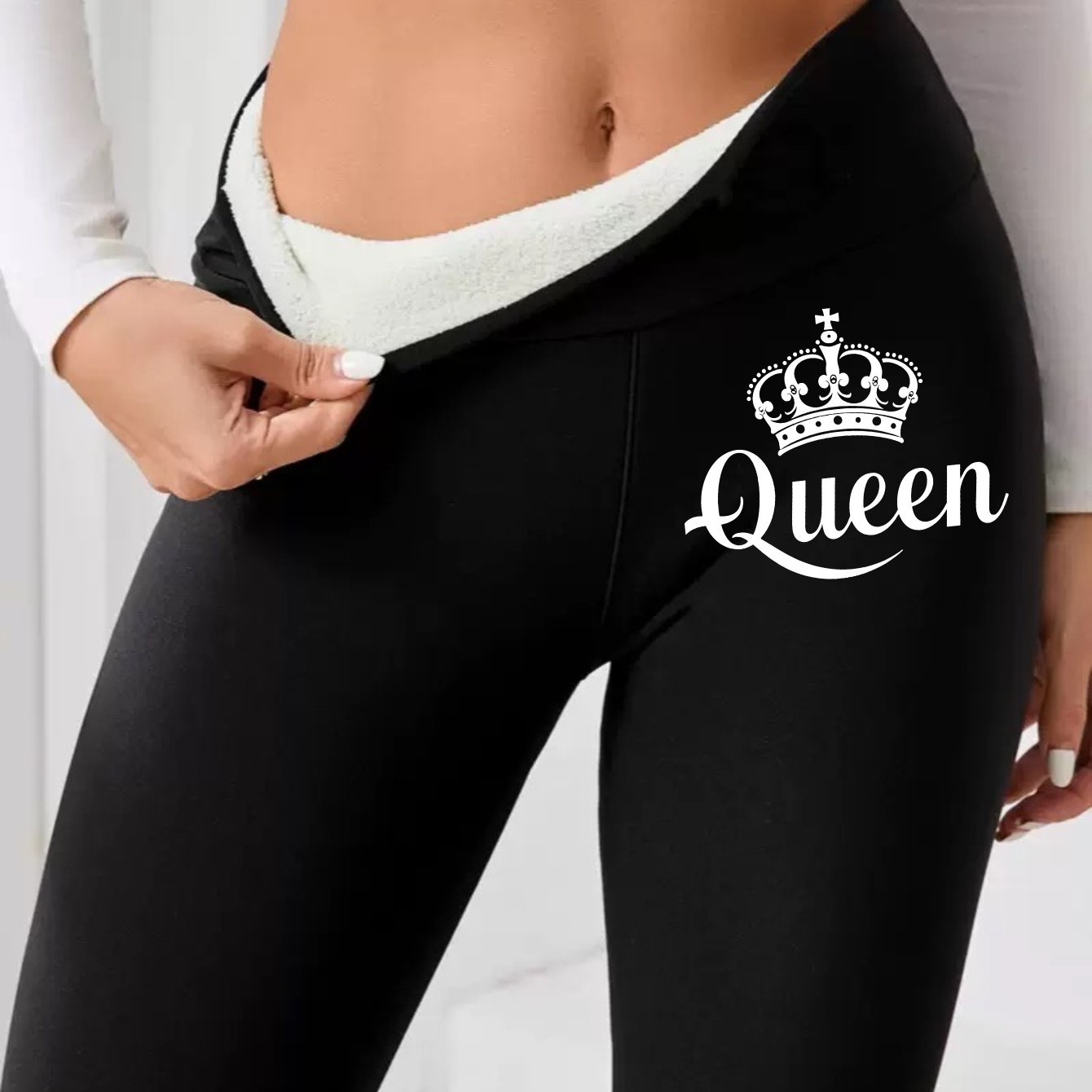 TEMU Women's High-waisted Fleece-lined Leggings In Black With A Crown And 'queen' Letter Print, Suitable For Fitness, Yoga, And Everyday Wear