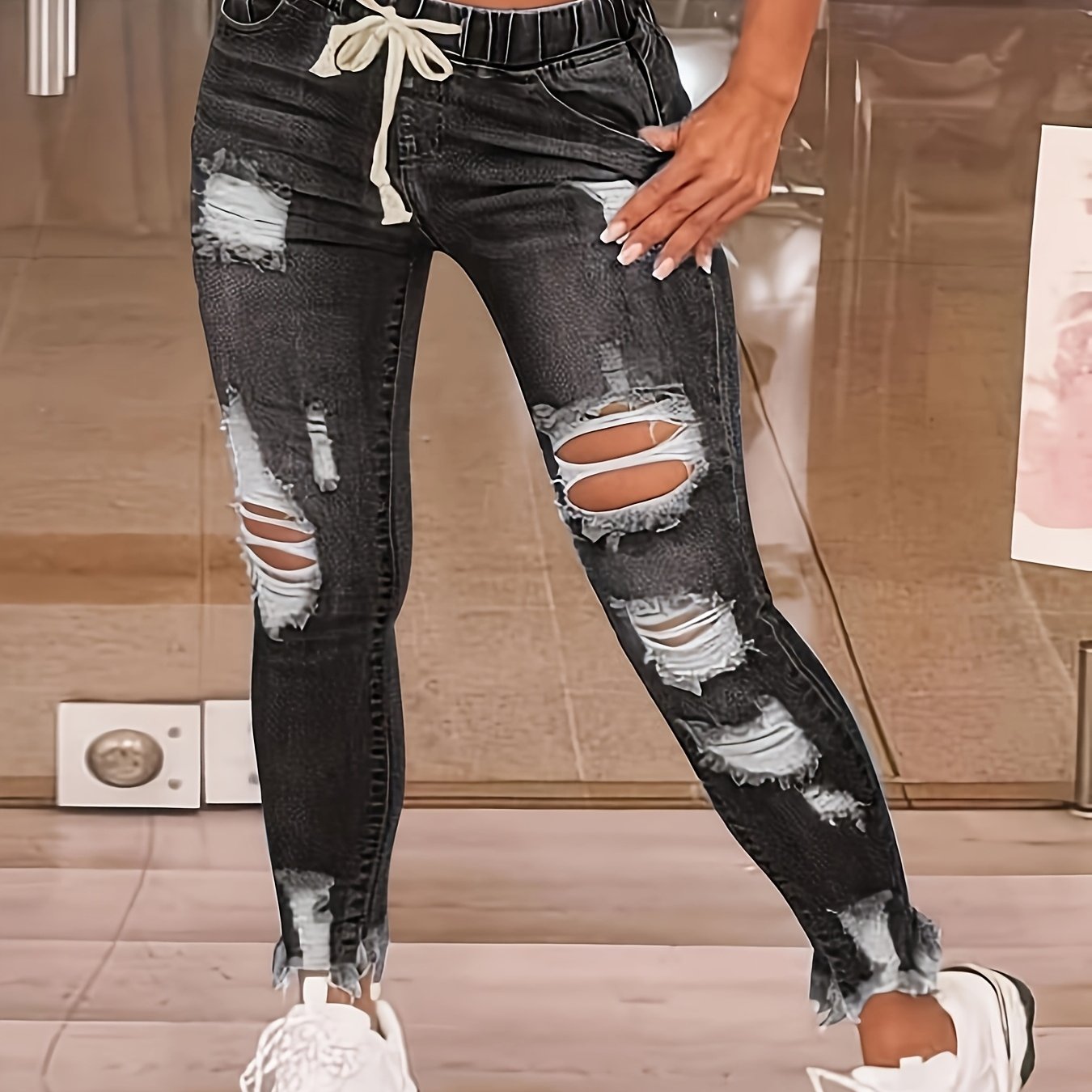 Ripped Elastic Waistband Pants Denim Jeans