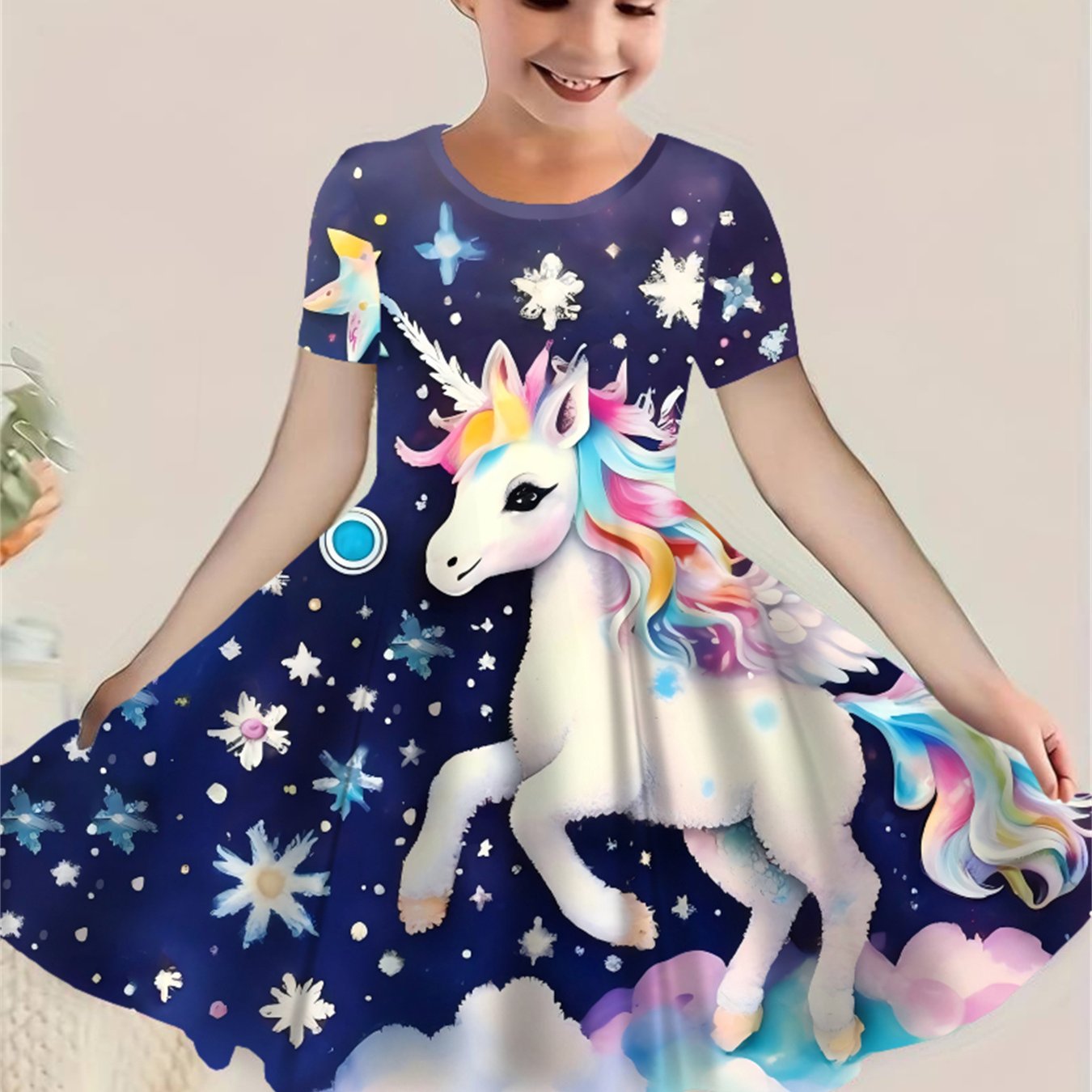 TEMU New 3d Personalized Unicorn Spring Summer Cute Short Sleeve Casual Dress Spring Summer Autumn Dress Outdoor Party Beach Sand Worn As Evening