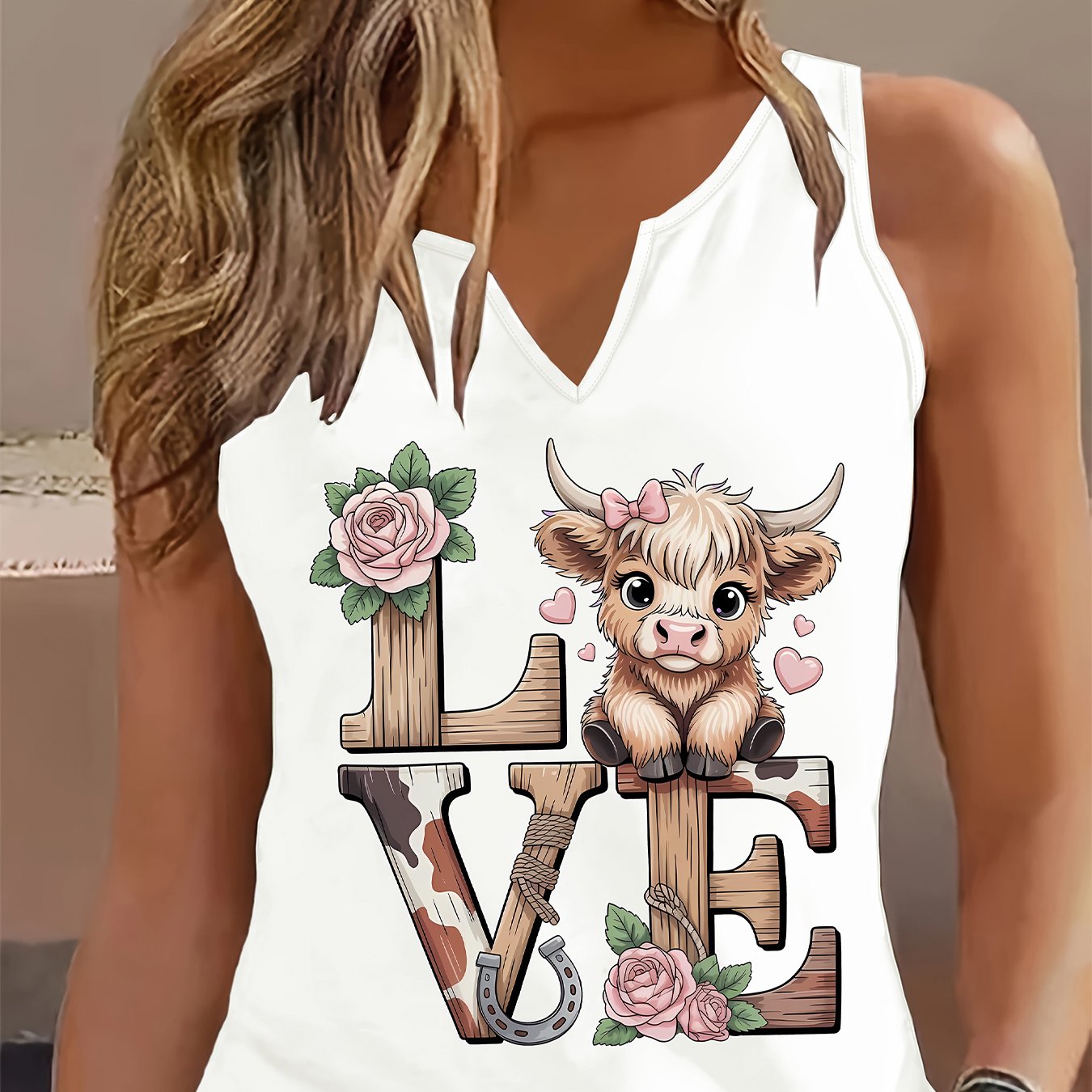 TEMU Fashionable Women's Tank Top With A Cute Cow Print, Casual And -neck Loose-fitting Top