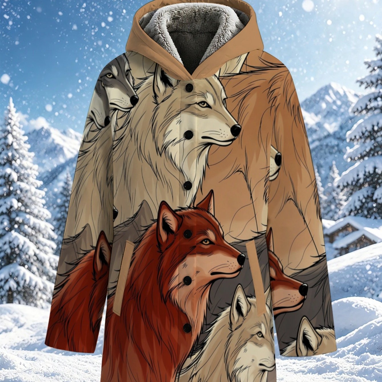 TEMU Lianyaoshi [printed Design Not Textured] Women's Fleece-lined Coat For Autumn Winter, Wolf Print Design, Warm Lightweight Outerwear Ideal For