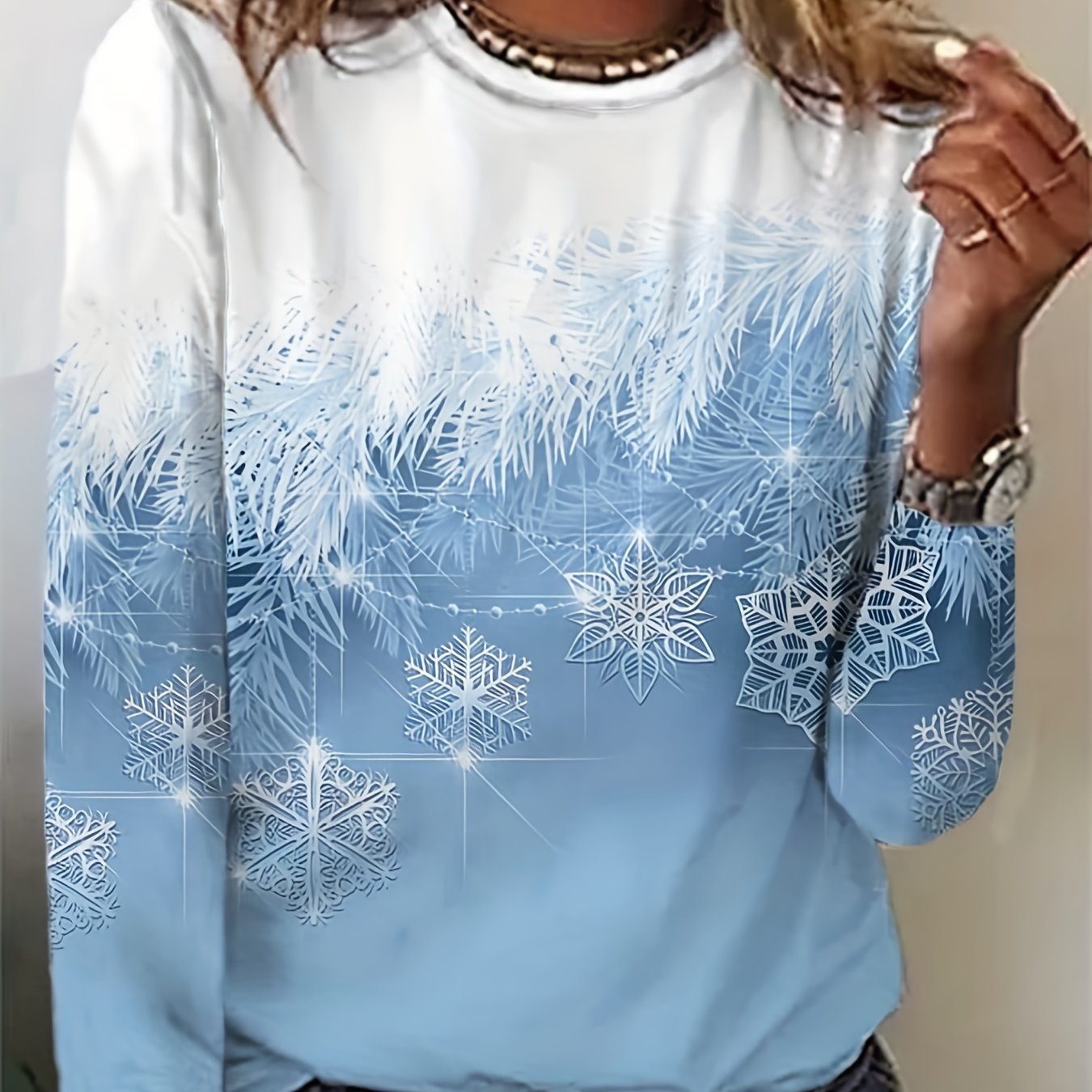 TEMU Snowflake Printed Round Neck T-shirt, Spring And Autumn Casual Long Sleeve Top, Women Clothing