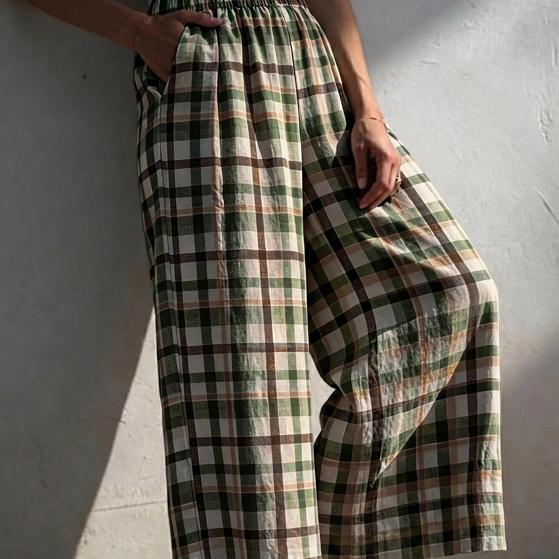 TEMU Women's Elastic Waist Casual Pants With Plaid Pockets, In Styles, Suitable For Daily , Wide-leg Trousers