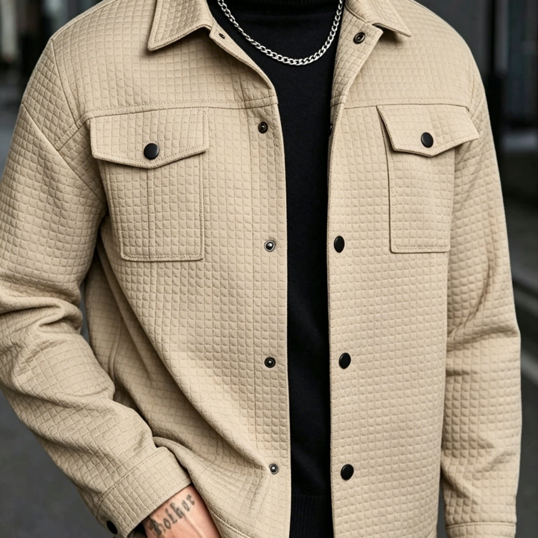 TEMU Premium Men's Grid Waffle Quilted Shirt Jacket, Featuring Lapel Collar And Button-up Closure With Double Chest Pockets. Made From Soft,