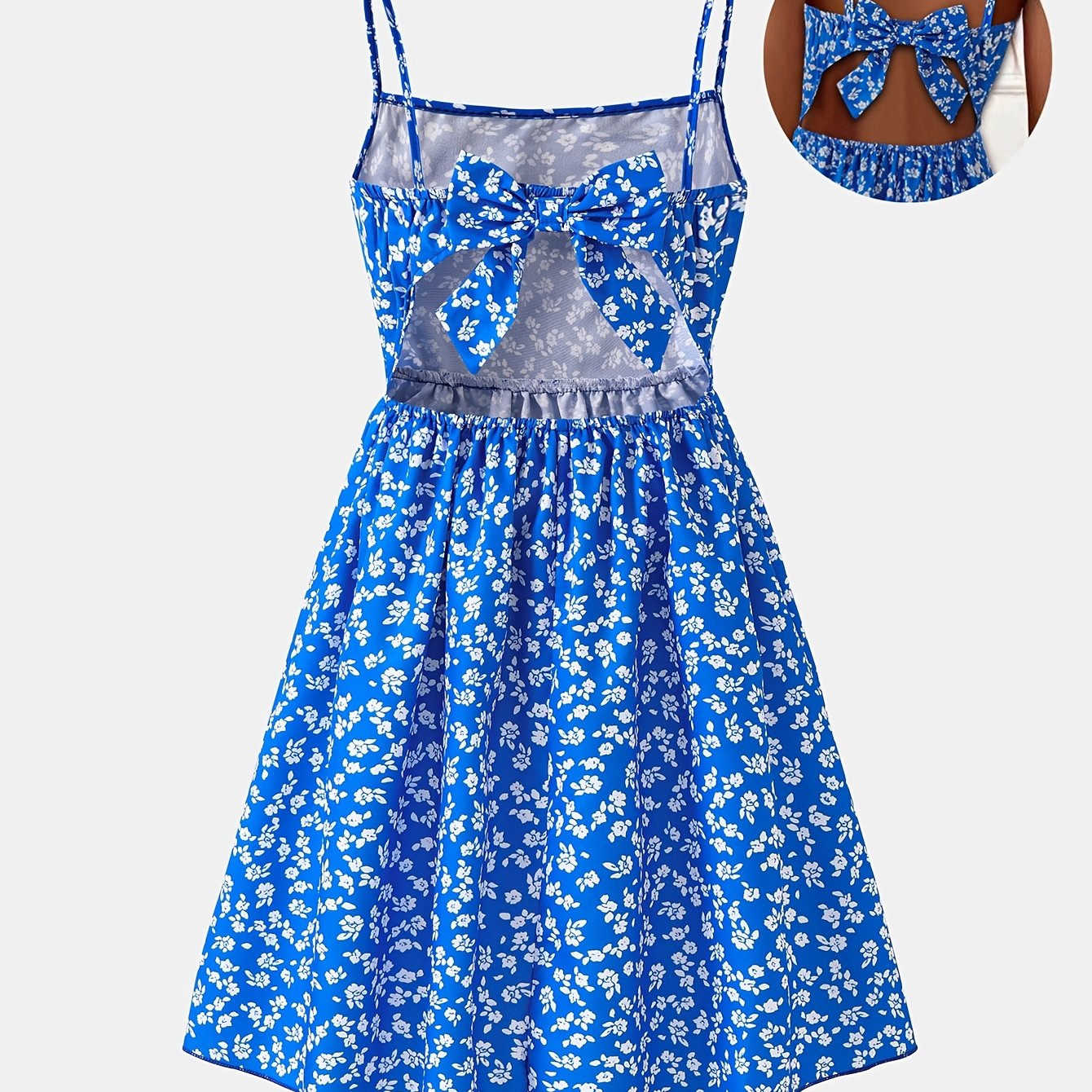 Image of Girls' Floral Suspender Dress Summer Seaside Vacation Outfit Backless Fashionable Dress