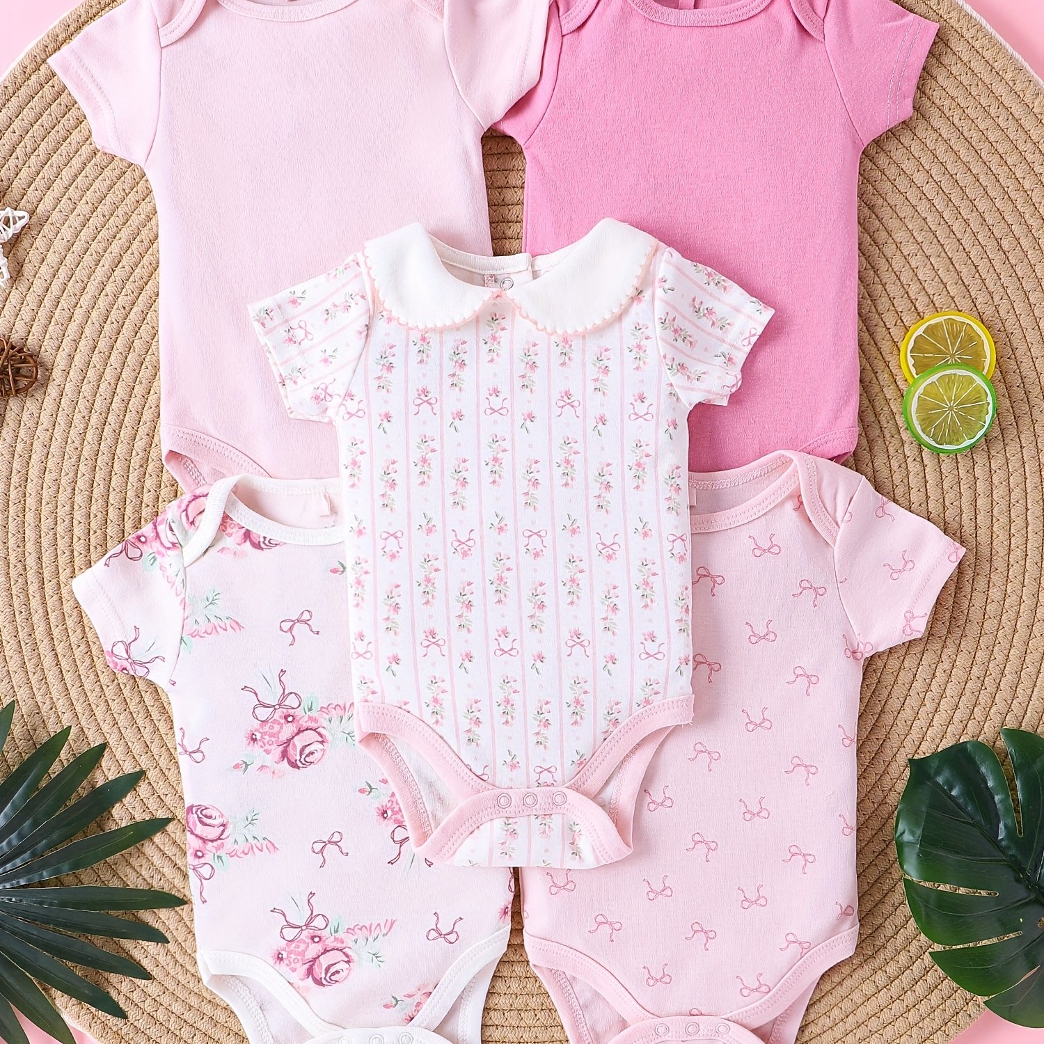Image of 5pcs /summer Girls' Baby Children' Romper Crawling Suit, Floral Print + Solid Color + Collar, , Versatile And Stylish Children's Clothing, Perfect For Outdoor