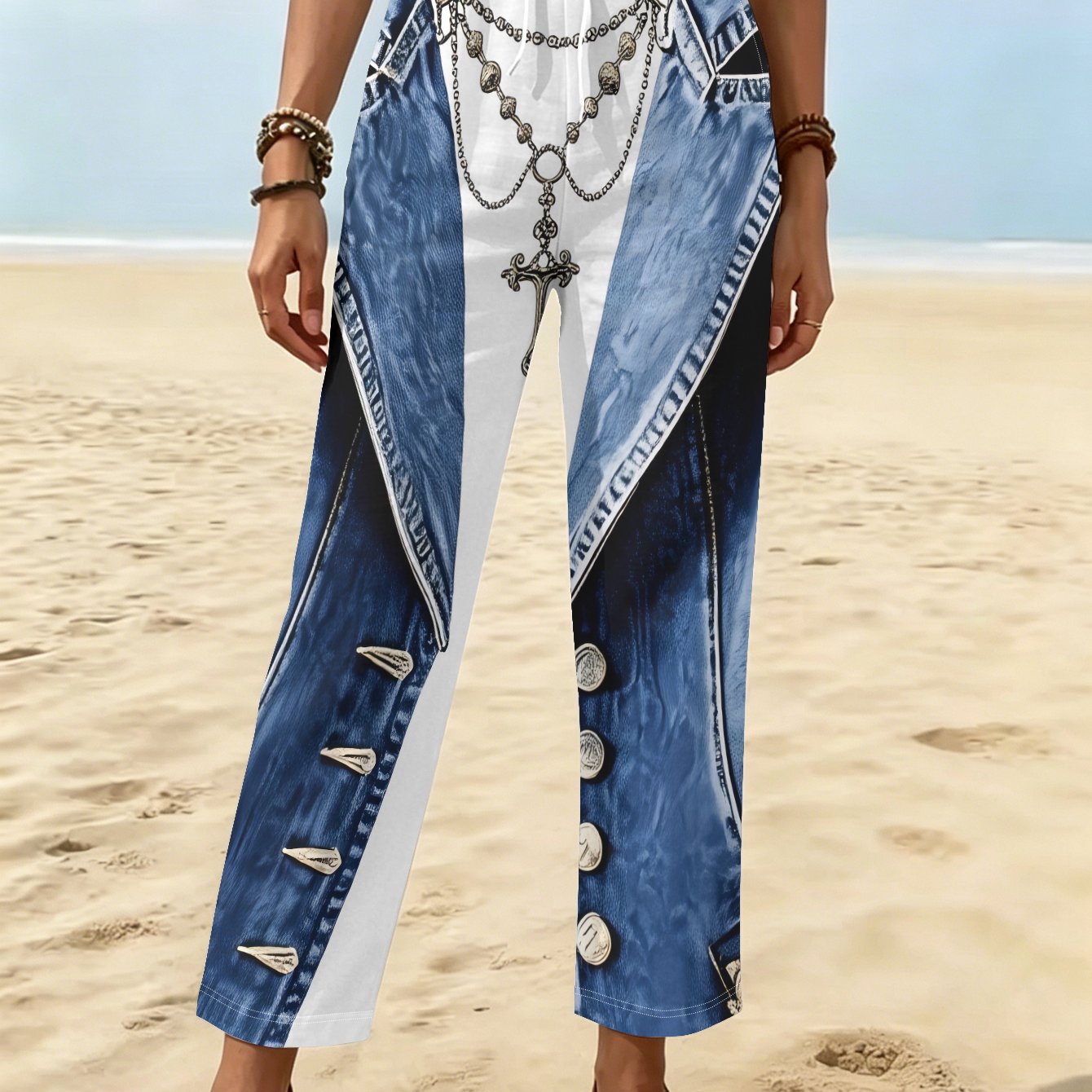 TEMU Women's Long Pants, Blue Denim Back Patch With Metal Chain And Rivet Decor Pattern - Casual Trousers, Drawstring Waistband, Versatile For Daily