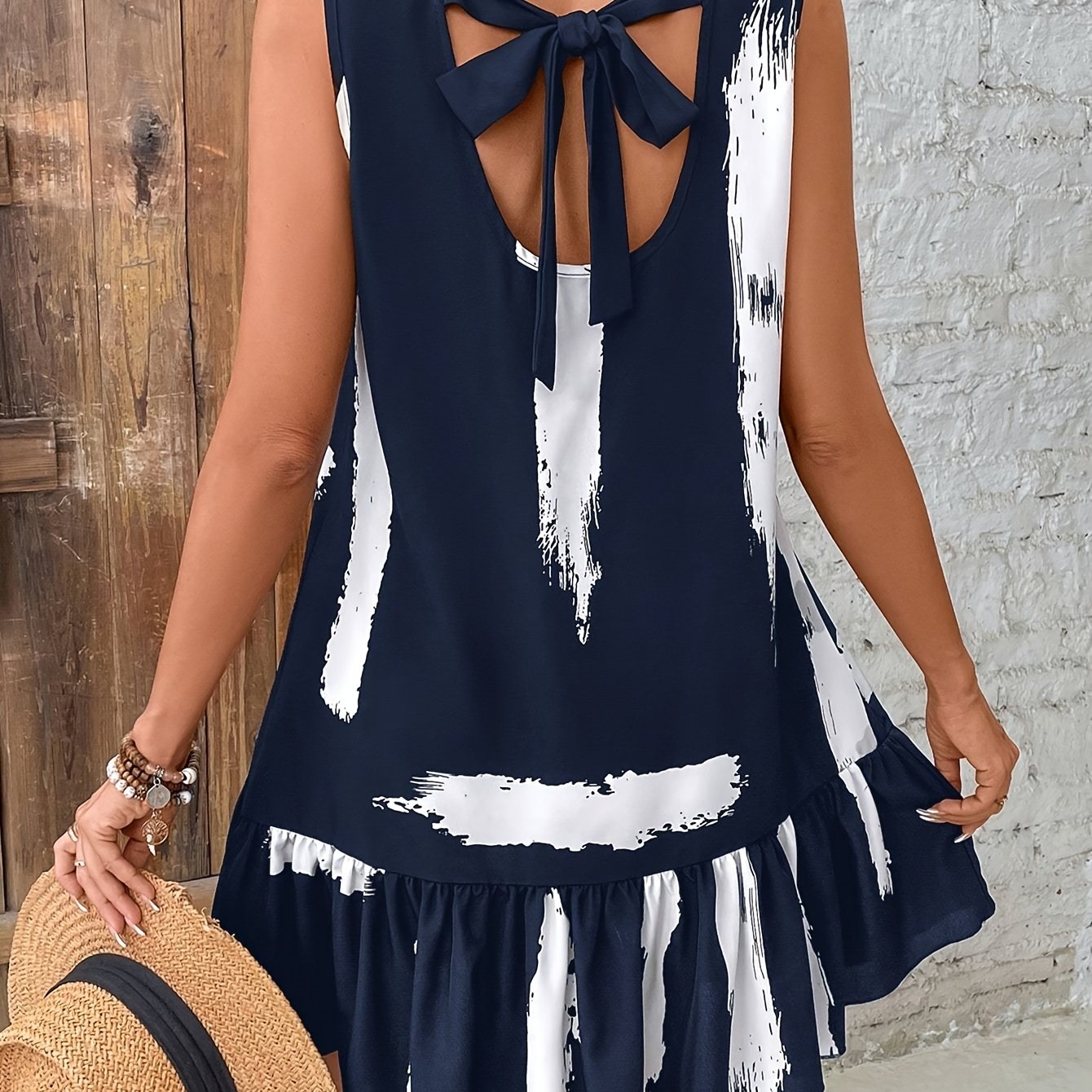 Women's Navy Print Sleeveless Dress With Ruffle Hem And Tie-back Detail - Casual For Spring/summer, Cute Summer Dresses