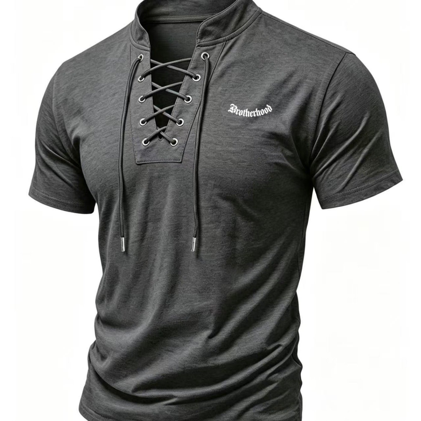 TEMU Niche Streetwear-style Men's Lace-up Henley Neck T-shirt, Featuring Artistic Prints That . The Stretchy, Breathable Fabric Farewell Heat, While