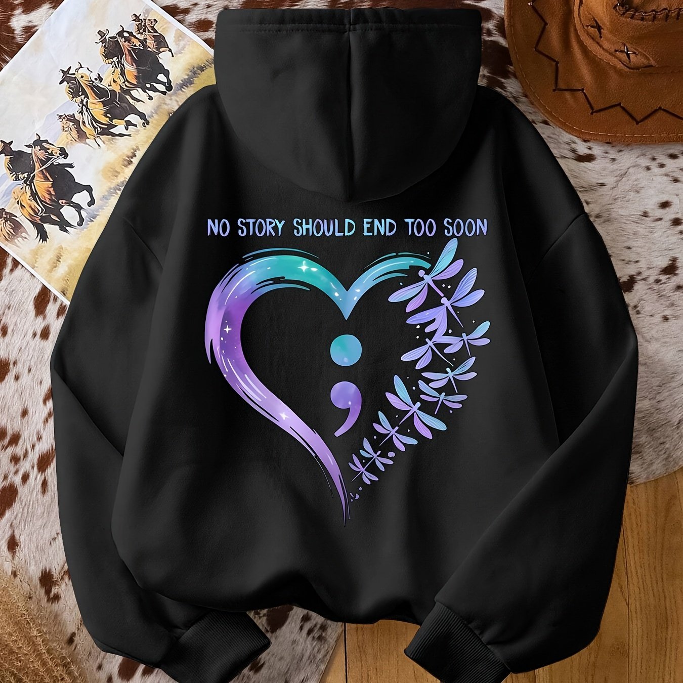 TEMU Plus Size - Women's Loose Fashion Drawstring Hoodie - Mental Health Awareness And Dragonfly Heart Suicide Prevention Sweatshirt