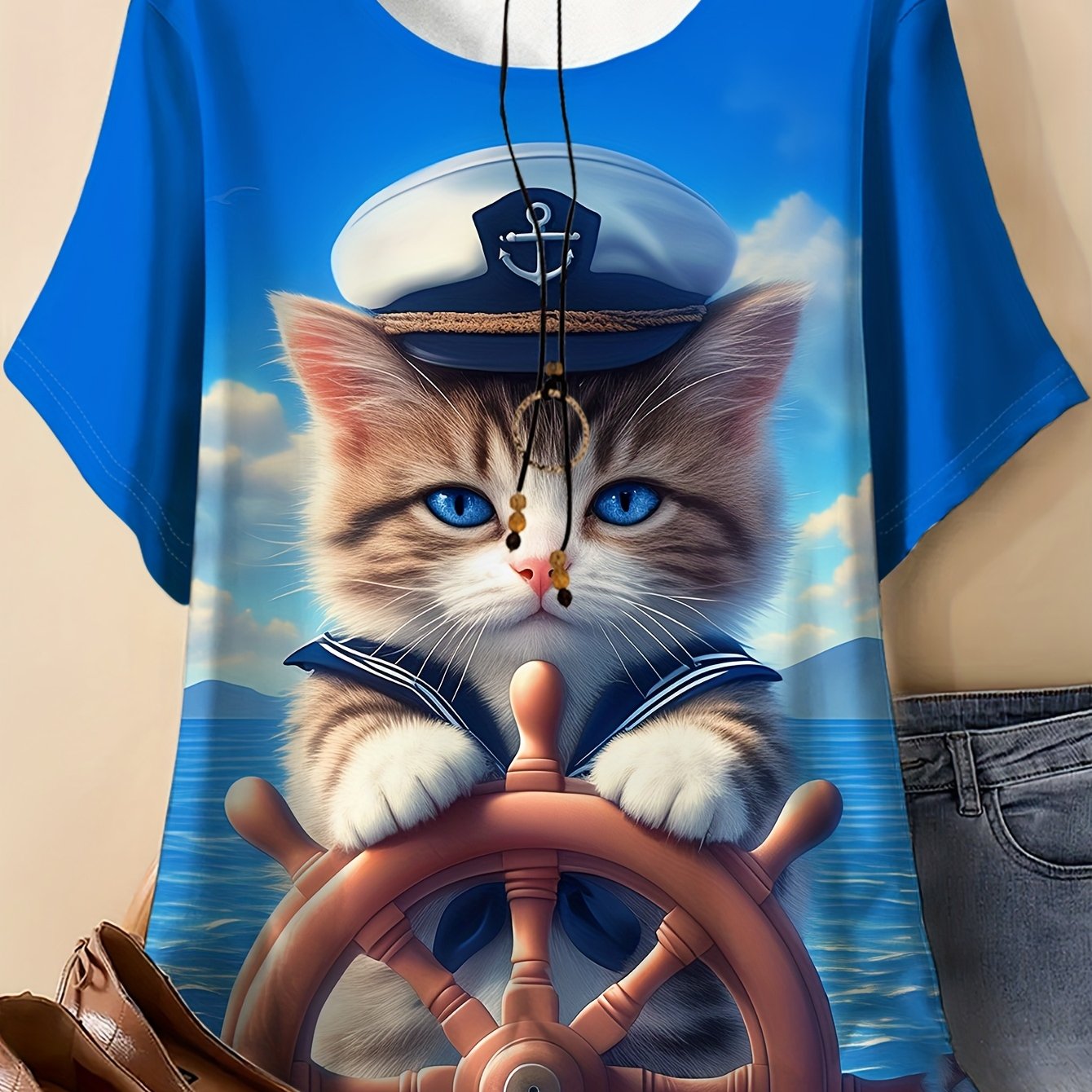 Plus Size - Plus Size - Plus Size A Cute Wearing A Hat And Uniform, Holding A , Women's Printed T-shirt, Round Neck Short-sleeved Summer Top, Casual Outdoor Wear