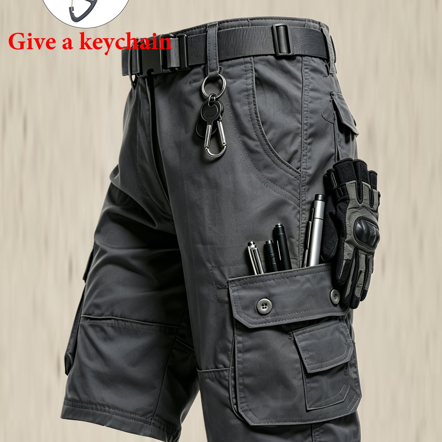 Image of Plus Size Men's Workwear Outdoor Shorts, Outdoor Comfortable And Breathable Multi- Shorts, Solid Color Shorts Suitable For Hiking, Fishing, Lightweight Shorts (free Keychain)