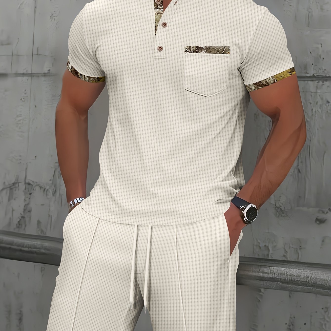 Image of 2pcs Fashionable Men's Suit, Casual Collar Short Sleeve T-shirt And Shorts Set, Suitable For Summer, Men's Waffle Clothing Holiday Chain