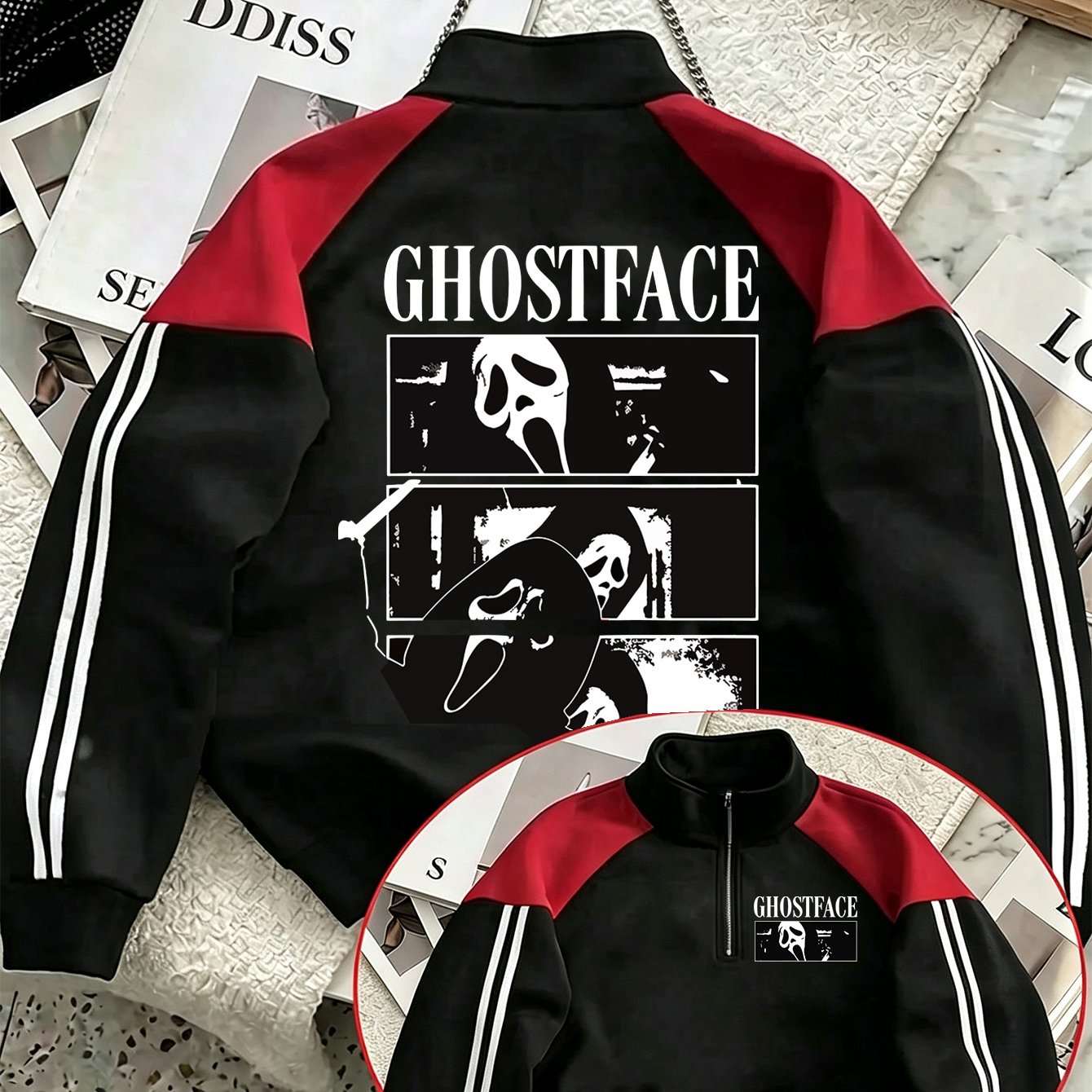 TEMU Felpa stile con cerniera e alla coreana di tendenza streetwear, design con stampa vintage a a tre pannelli di Ghostface di Scream di Halloween,