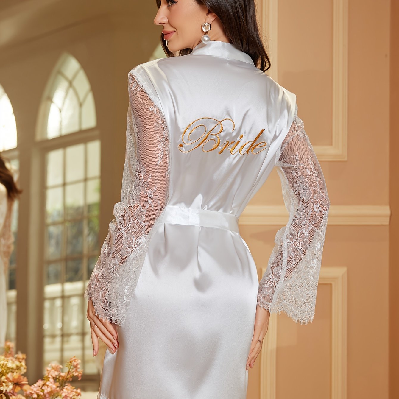 TEMU 1pc Elegant Satin Bridal Robe - Long Sleeve Dressing Gown With Embroidered 'bride' Detail, Deep V Neck, Contrast Lace, And Belt For Women