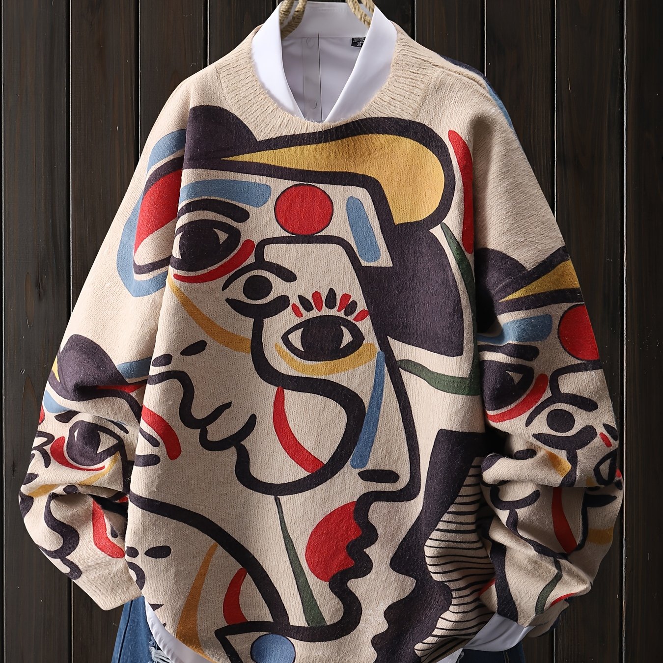 Line Face Pattern Fashion Colorful Lines Pullover, Casual Round Neck Long Sleeve Top, Women's Clothing