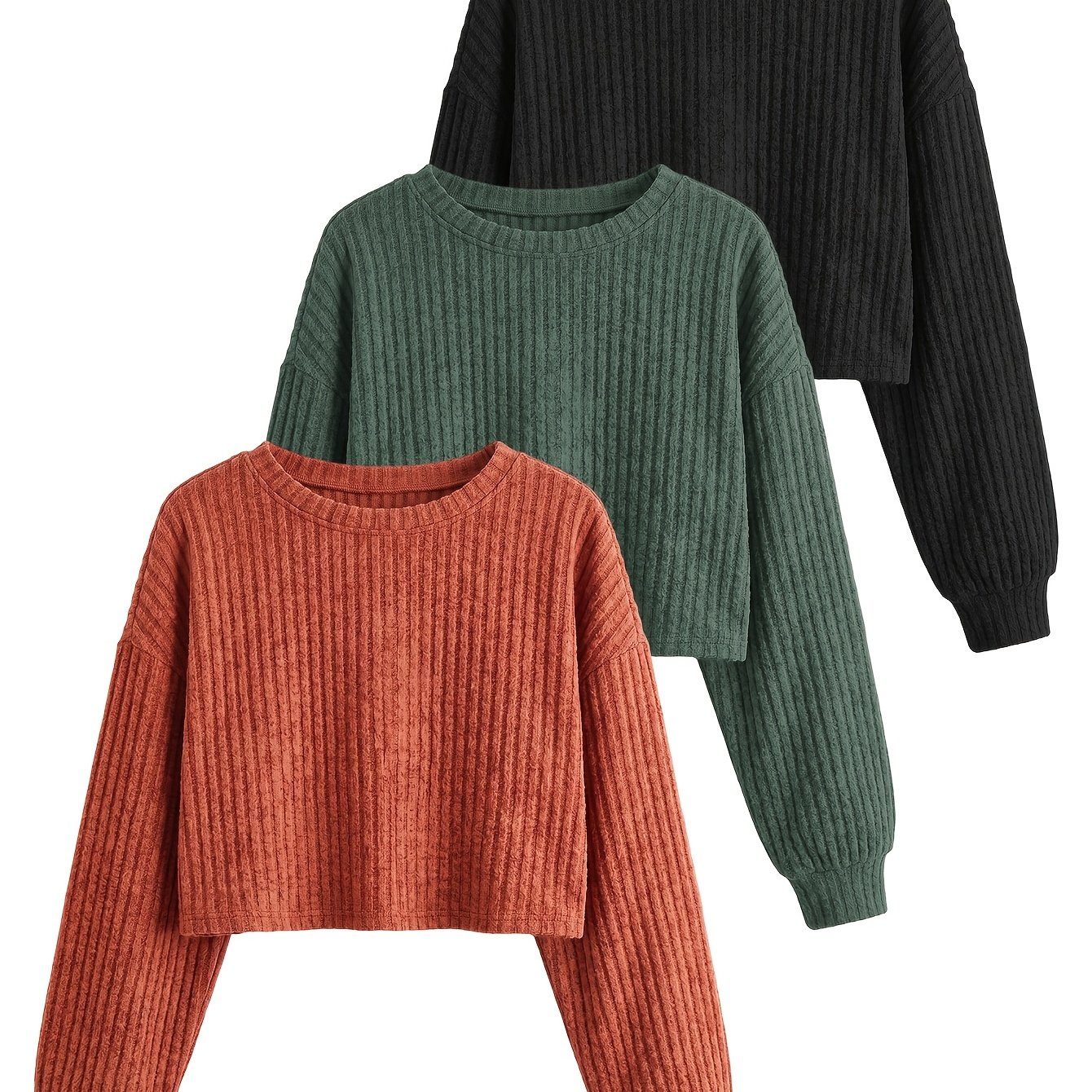 TEMU 3pcs Set Women's Top, Elegant Style, Fashionable Cropped Round Neck Long-sleeve Pullover