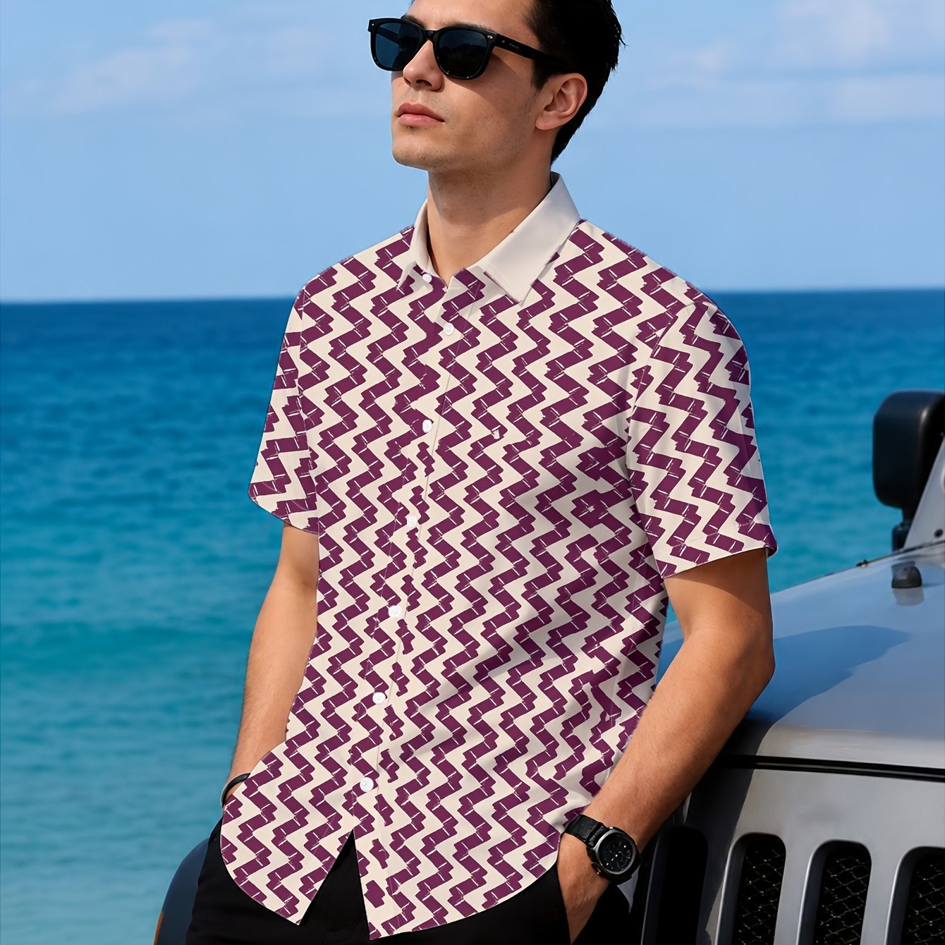 TEMU [printed Design - Not Textured] Men's Retro Geometric 70s Disco Party Summer Short Sleeve Shirt Hawaiian Shirt Lapel Button-up