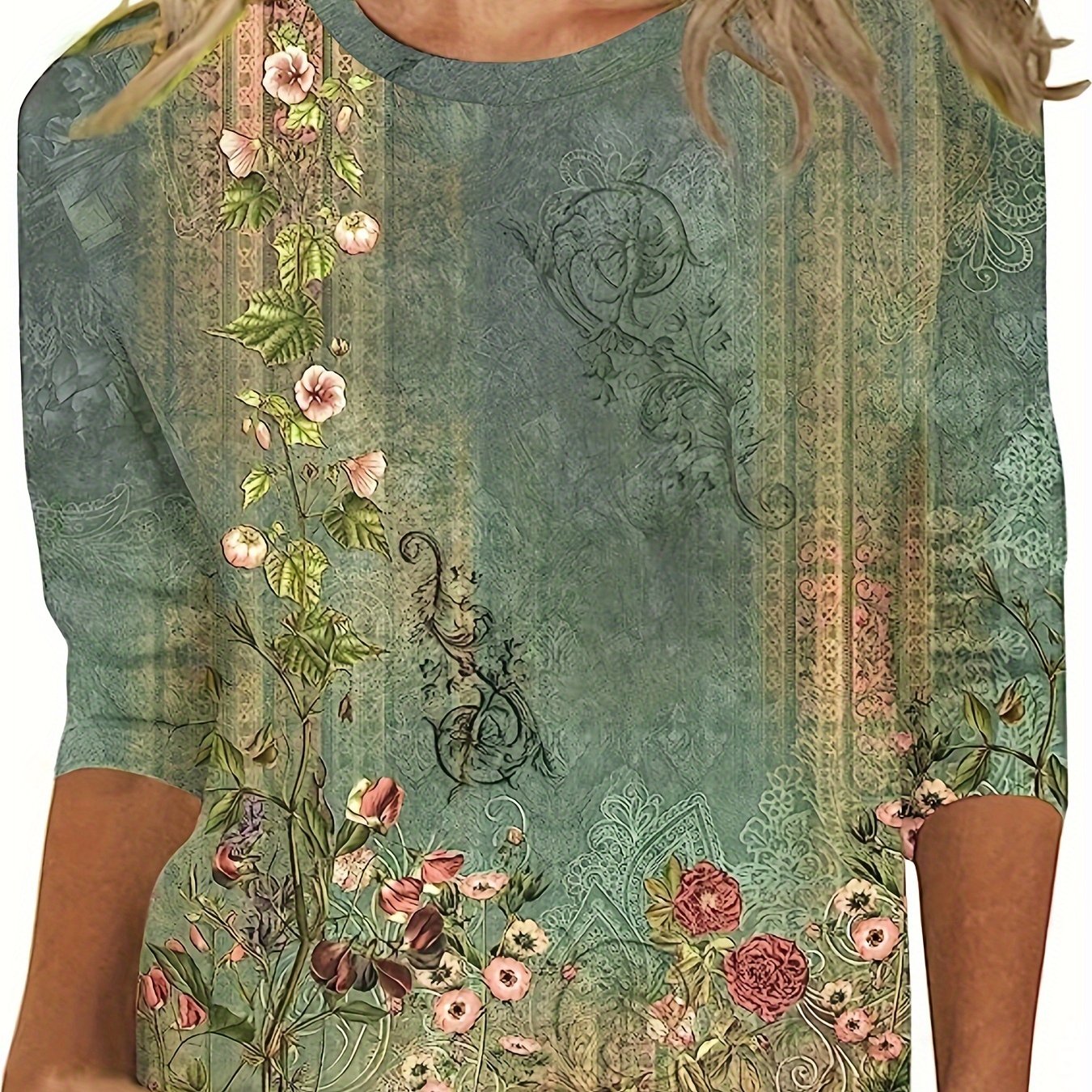 Image of Floral Print Crew Neck T-shirt, Casual 3/4 Sleeve Top For , Women's Clothing