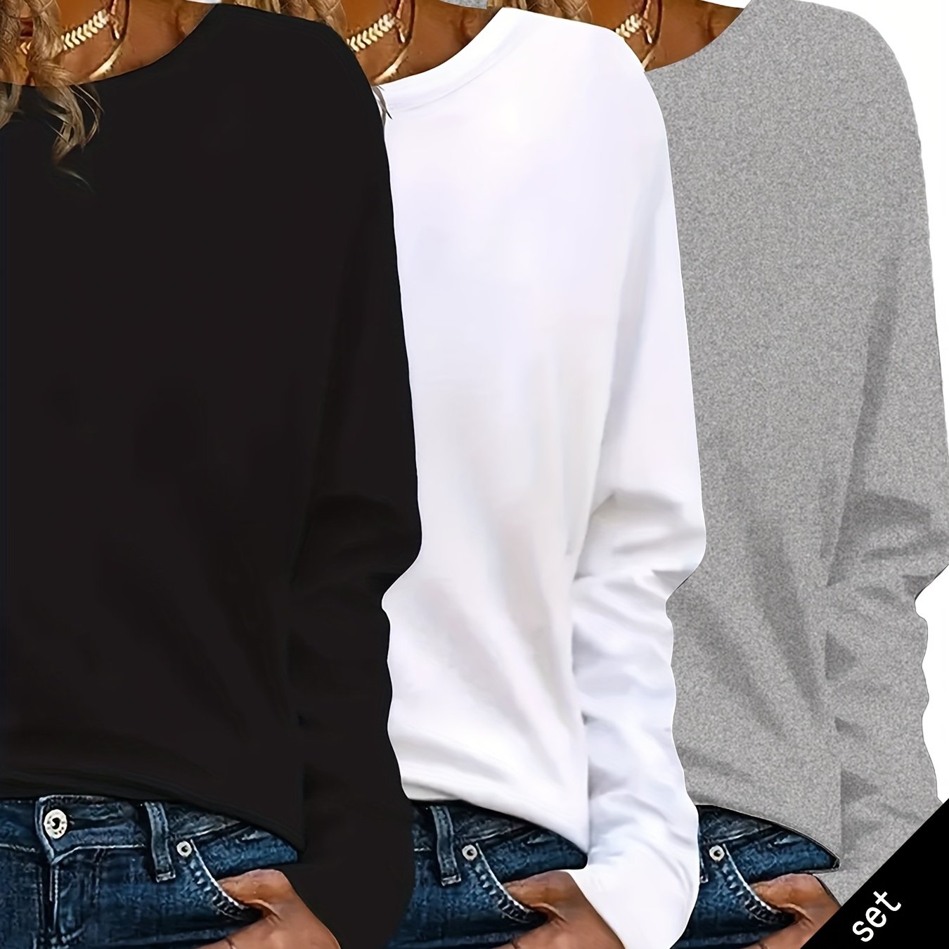 Y2k 3pcs Solid Color Long Sleeve T-shirt Set, Women's Warm Casual Top, Regular
