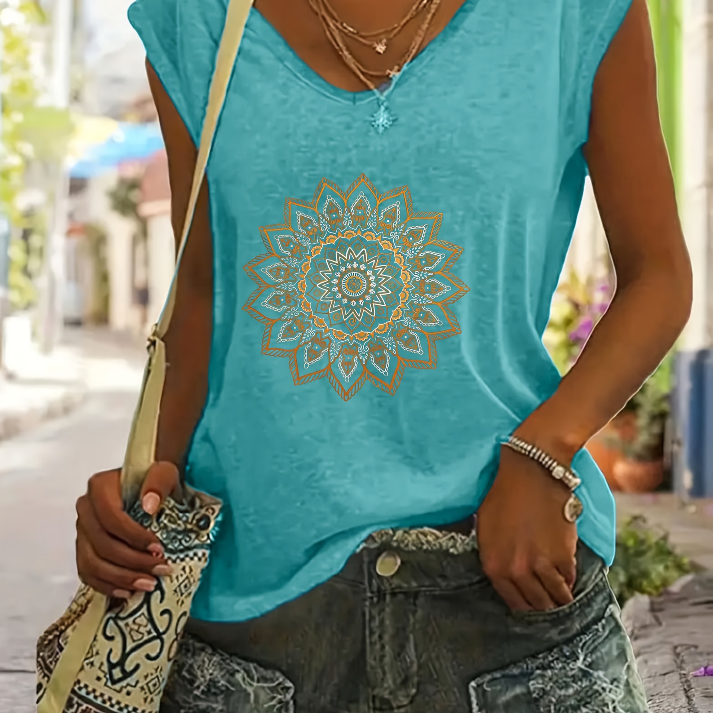 E-shop Circle Damenmode Frühling Sommer Neue Damenbekleidung, Positionierungsdruck V-Ausschnitt Kurzarm Lässiges Lockerer Oberteil Basis Kurzarm