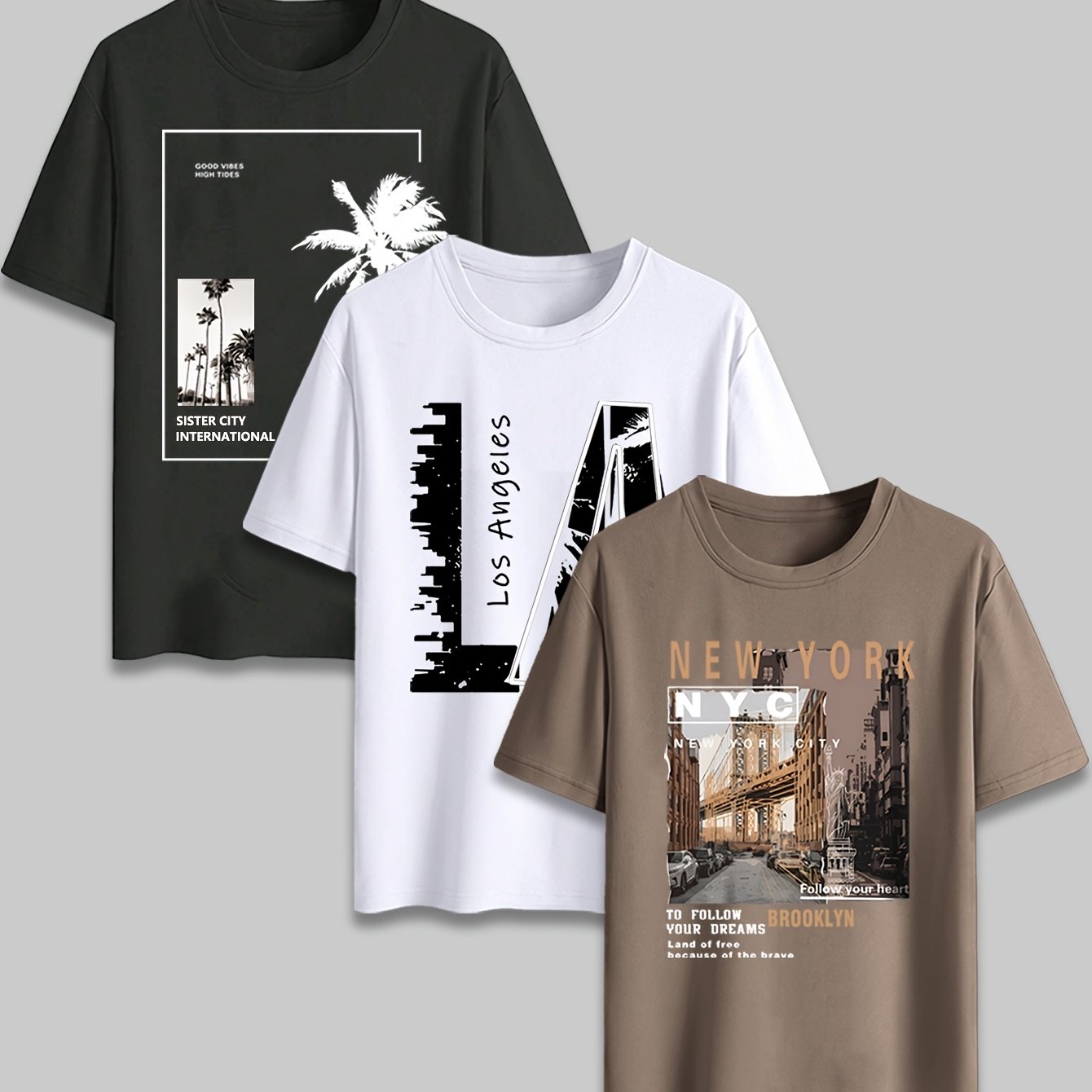 E-shop Herren Kurzarm-Sommer-T-Shirt mit Kokospalmen-Print, Rundhals, Ideal für Sommerausflüge, Casual Vielseitig, 3-teiliges Set
