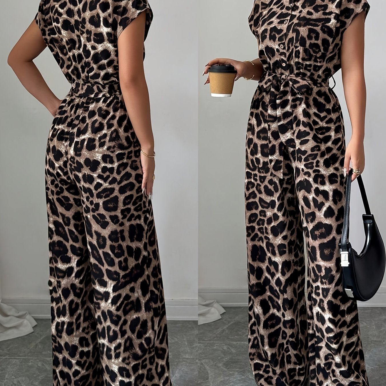 TEMU Elegant Vintage Leopard Print Collar Single-breasted Jumpsuit With -, Featuring Short Sleeves And Wide-leg Pants. Includes A Belt. Suitable For