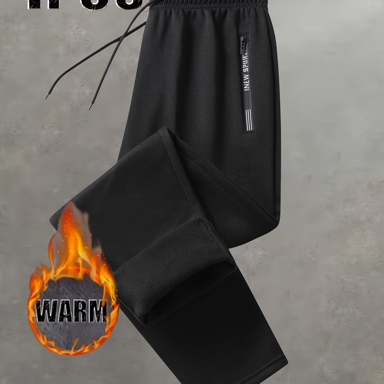 TEMU Men's Autumn Winter Fleece-lined Straight-leg Pants - Thickened Warm Casual Trousers With Letter Zipper Pockets And Elastic Waist Drawstring,