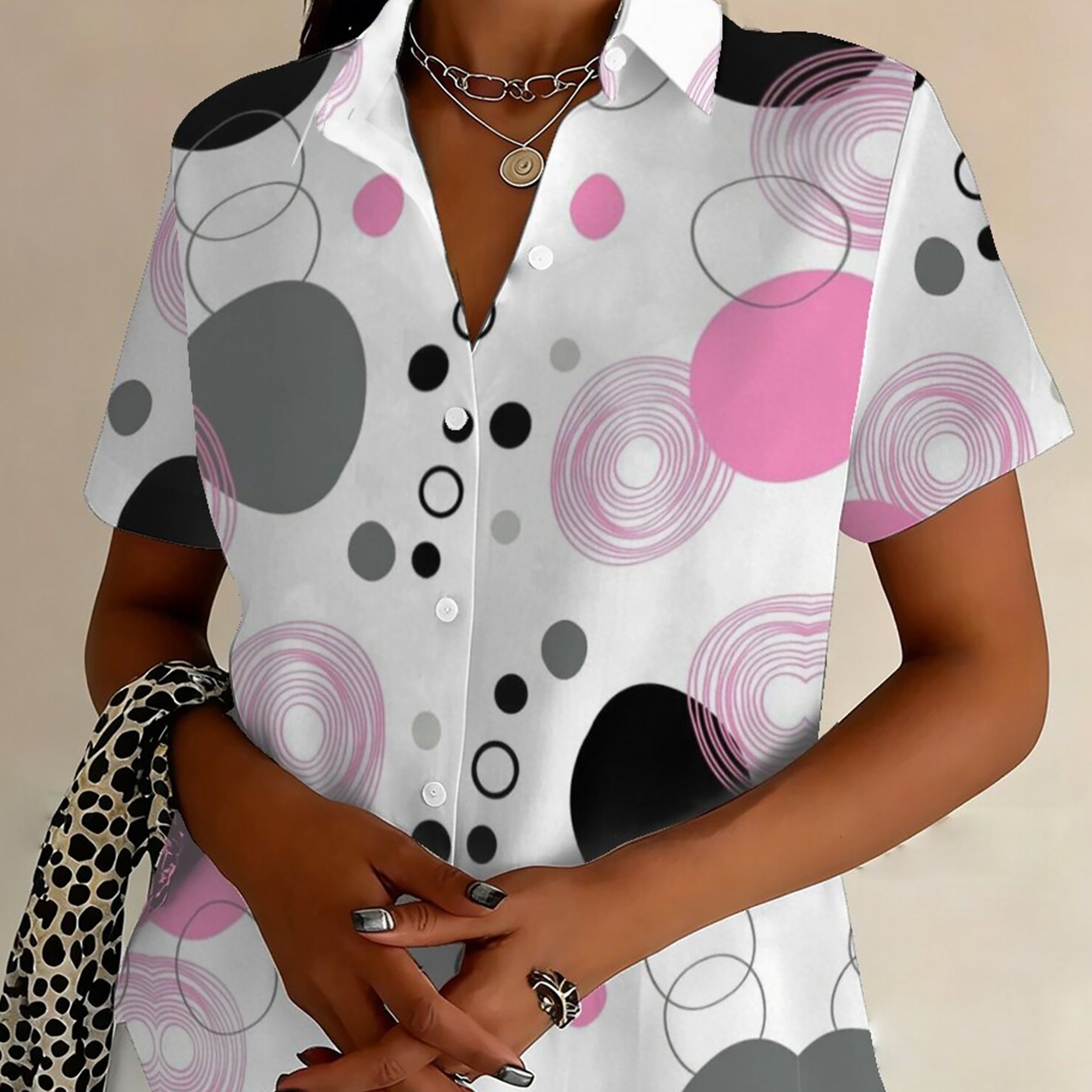 TEMU Plus Size - Plus Size - Women's Casual Oversized Button- Shirt With Multicolor Polka Dot Print | Fashionable Lapel Collar, Short Sleeves, Wear
