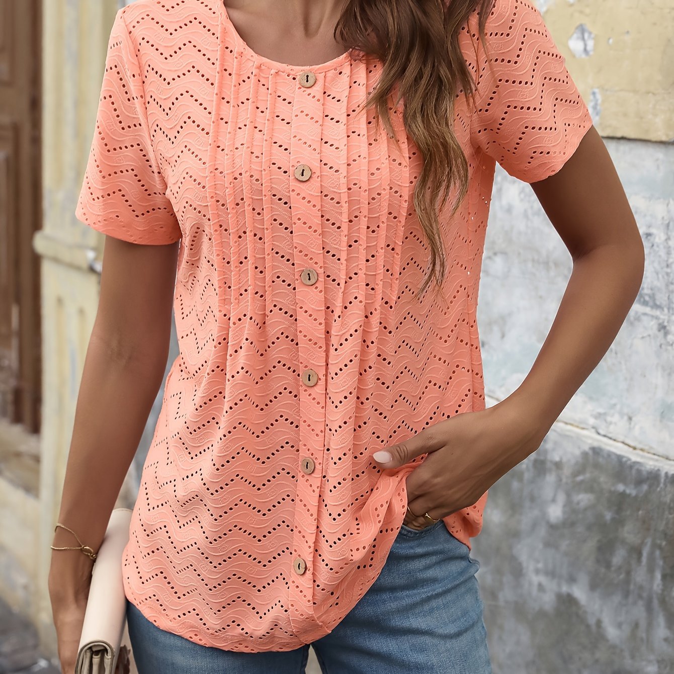 

Button Decor Ruched Cut Out T-shirt, Casual Crew Neck Short Sleeve Top For , Women's Clothing