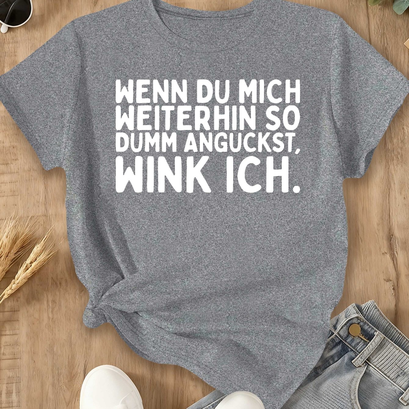 Image of Plus Size, Women's Plus Size T-shirt With Funny German Sayings- German Humor " Lazy, I "- Round Neck Shirt For Casual Look, Machine Washable For All Year& German