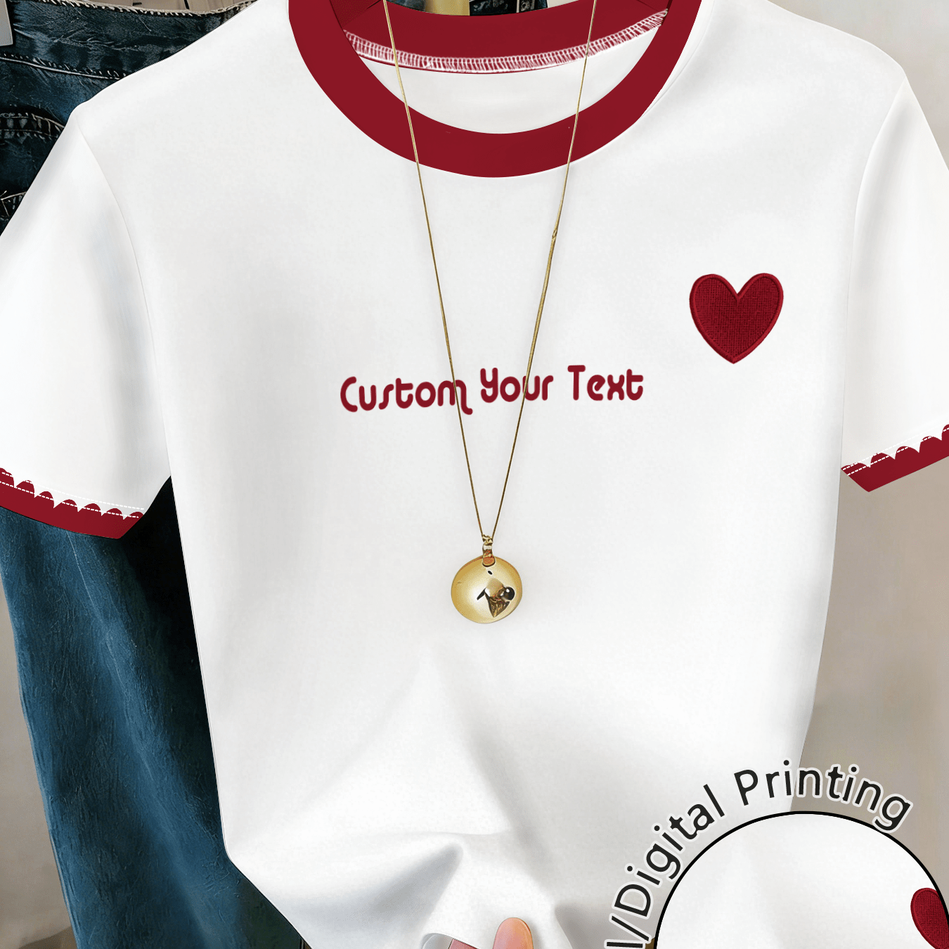 TEMU [custom Item - G] Custom T-shirts For Women, Custom Tees Shirt Design Your Own, Gifts For , Custom Text Embroidered Heart Contrast Red Trim Crew