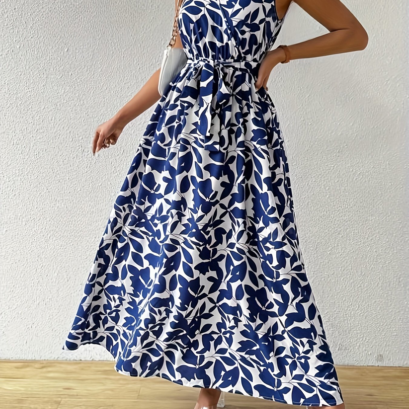 TEMU Elegant Full-printed Long Dress With Collar And Tie